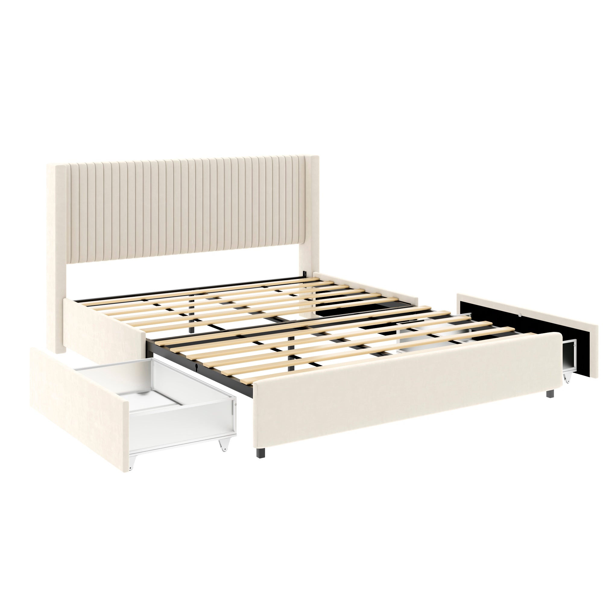 Studio view of the ivory bed frame with both side storage drawers pulled open above the wood slat base