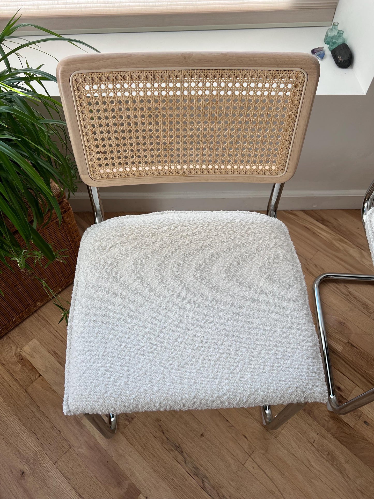 Midcentury Modern Dining Chair Set of 2 - White Boucle with Rattan Accents