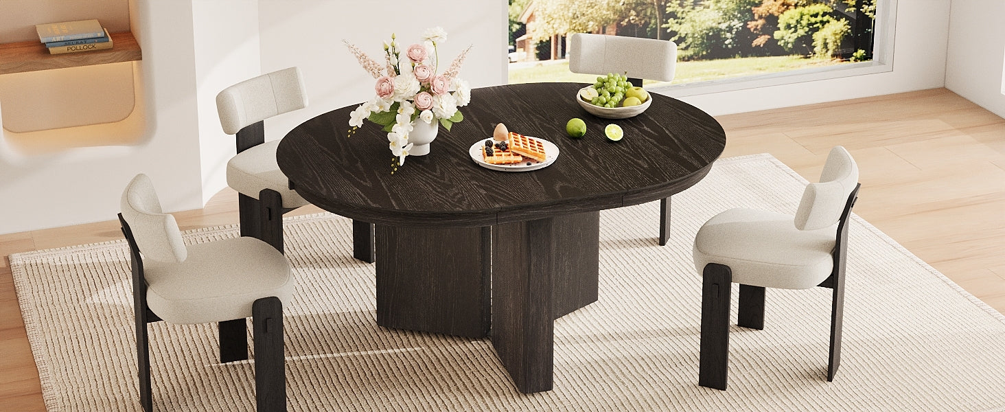 Angled view of the extended oval espresso table set with four cream chairs