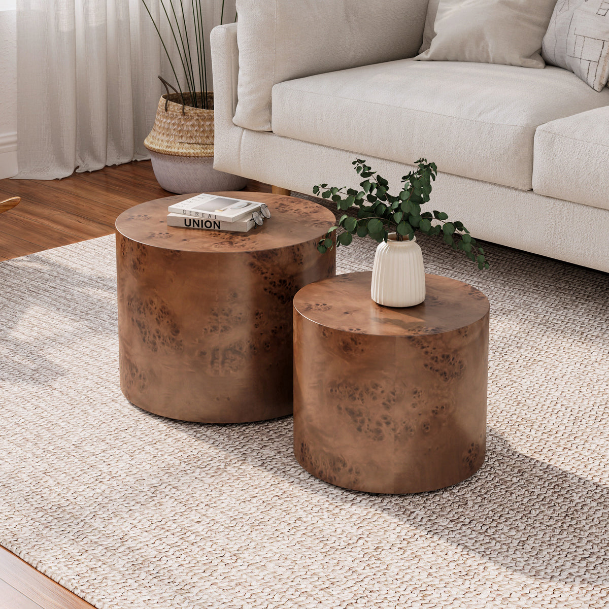 Dark Brown Round Nesting Tables, Set of 2, 18.9 in