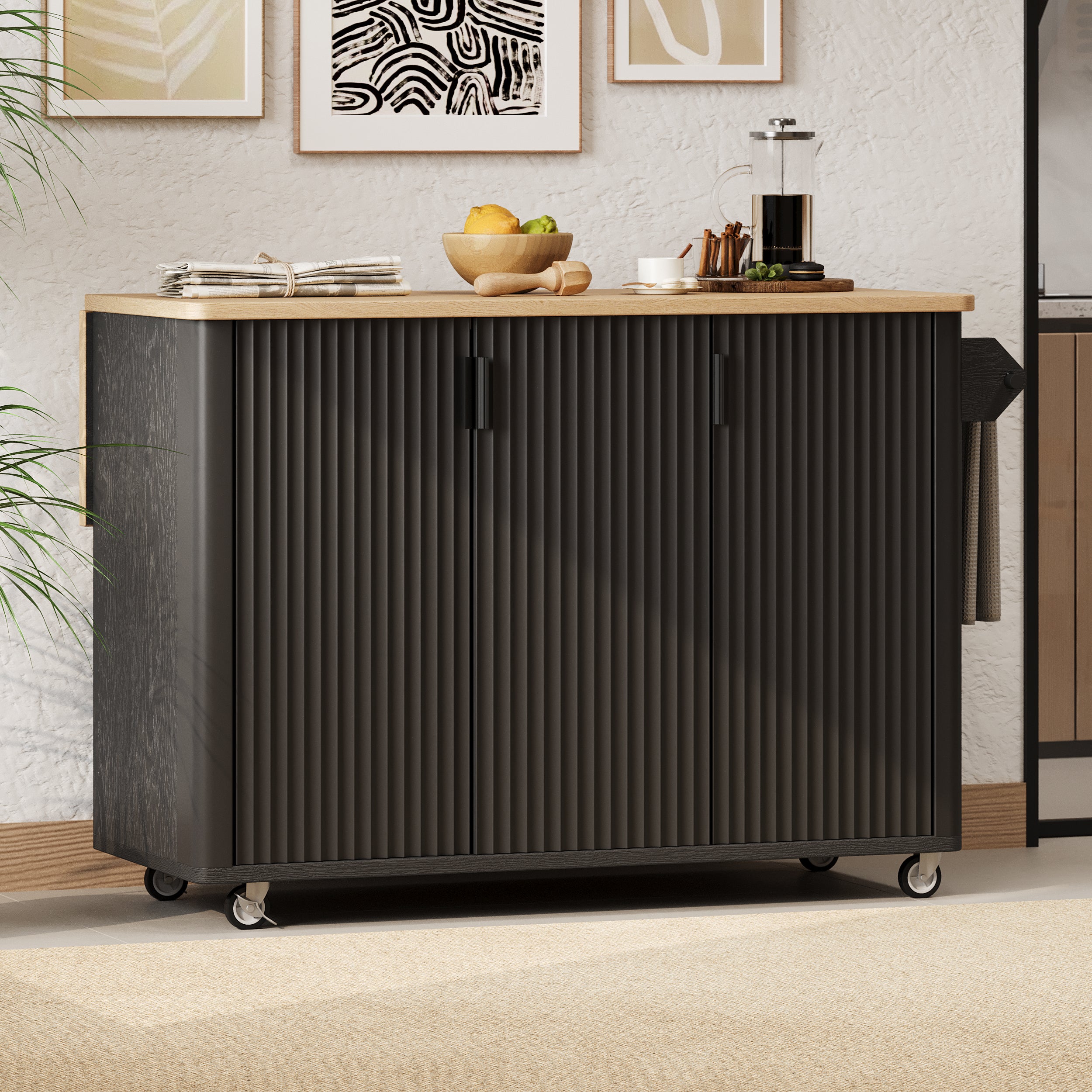 Fluted Black Kitchen Island with Drop Leaf & Towel Rack