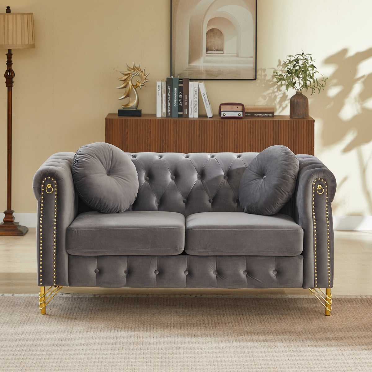 Gray Velvet 2-Seat Chesterfield Sofa