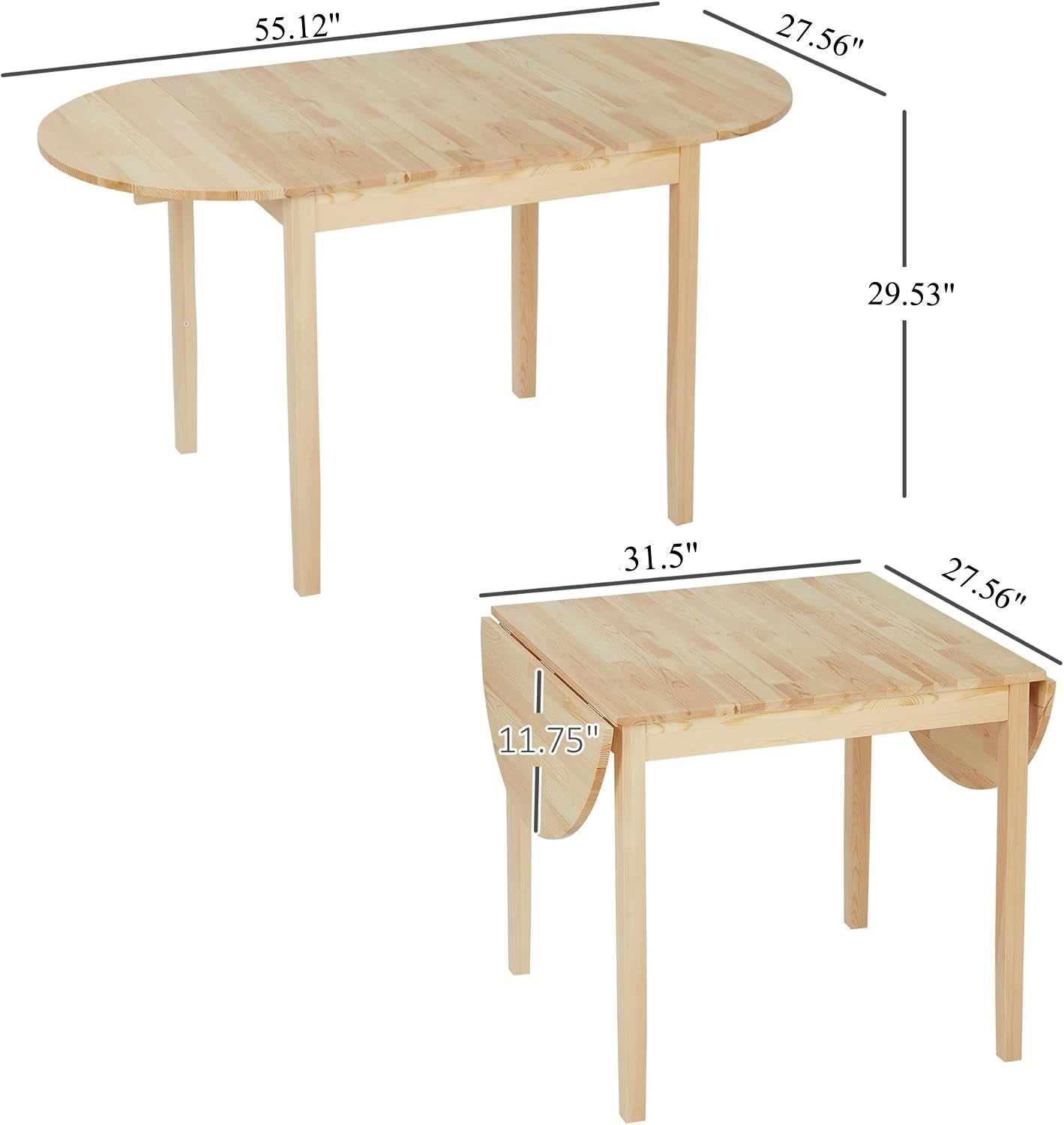 Dimension diagram of the pine drop-leaf table, extended 55.12 in and folded 31.5 in