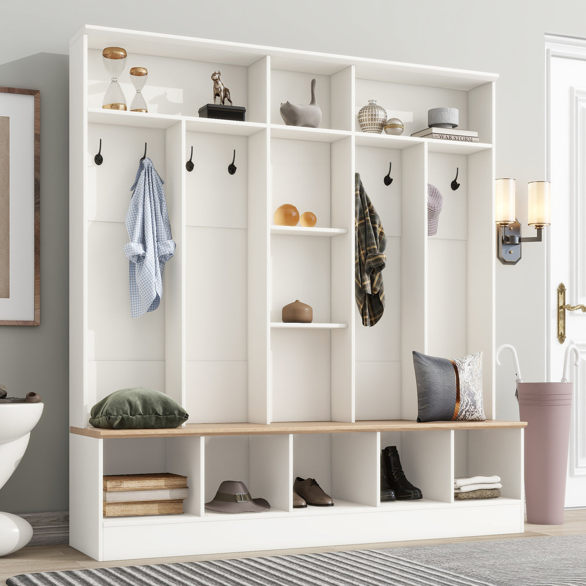 White Hall Tree with Bench and Shoe Storage, 66.9 in Wide