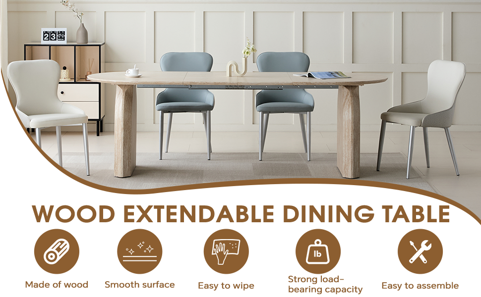 Wood extendable dining table graphic showing the oval table with blue chairs and feature icons