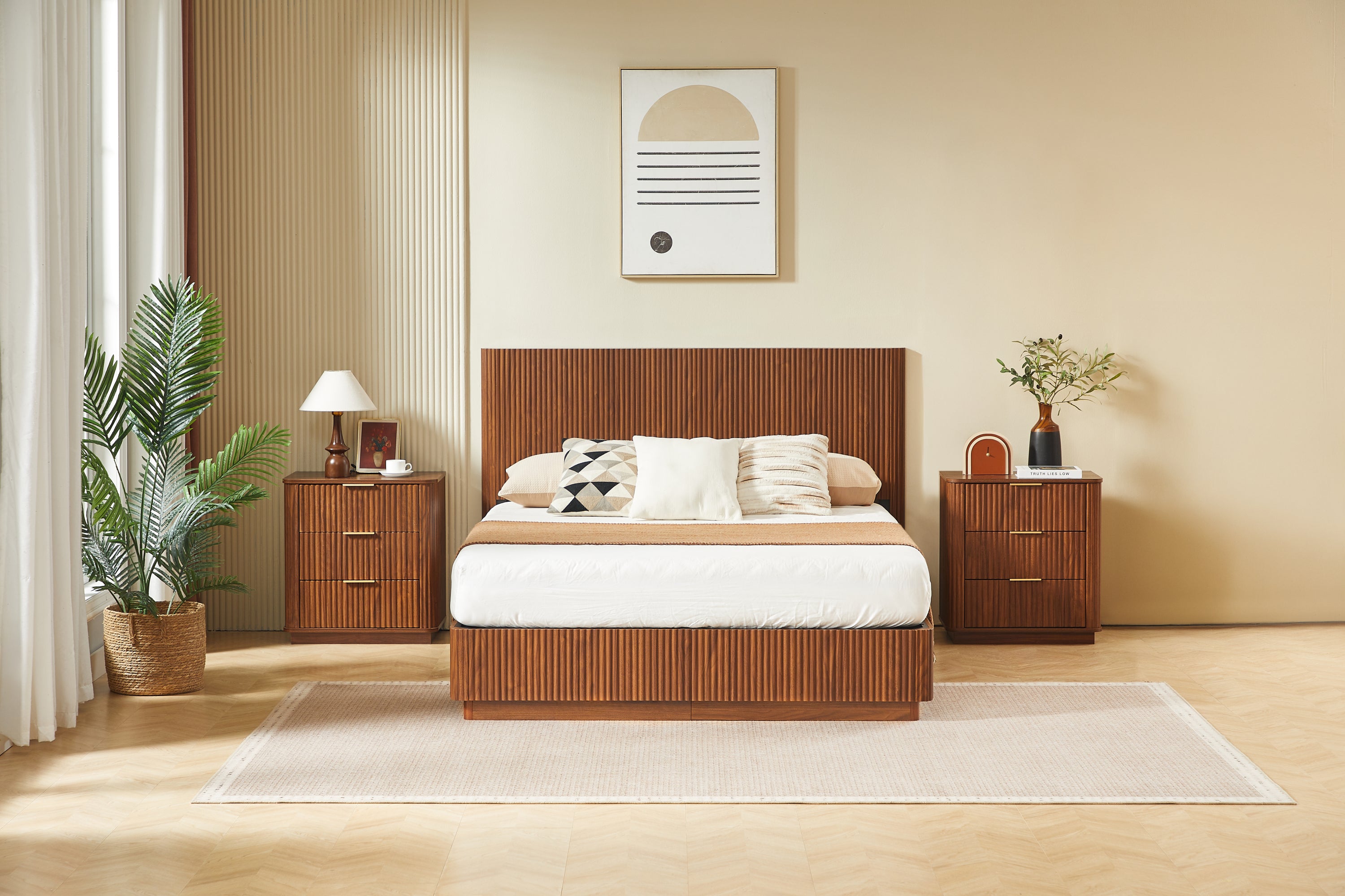 Symmetrical front room shot of the modern queen bed frame in walnut with a fluted headboard #Color_Walnut