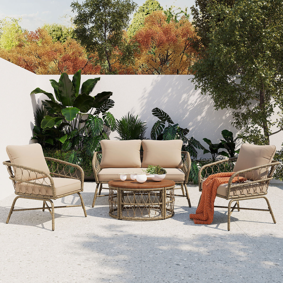 Beige Wicker Patio Conversation Set for 4 with Cushions
