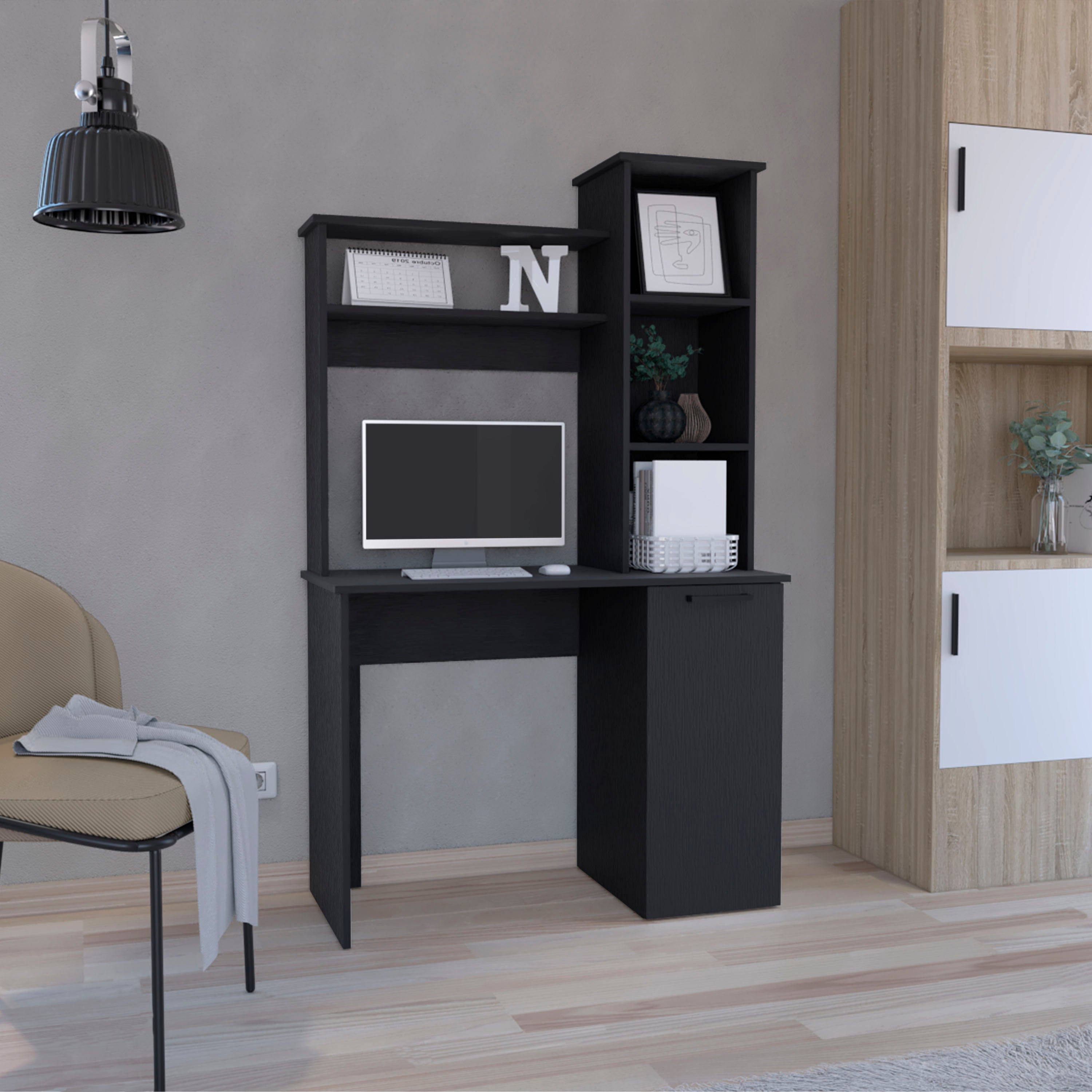 Computer Desk with Hutch, Workstation, 38.7 in, Black, 64.2 in Tall