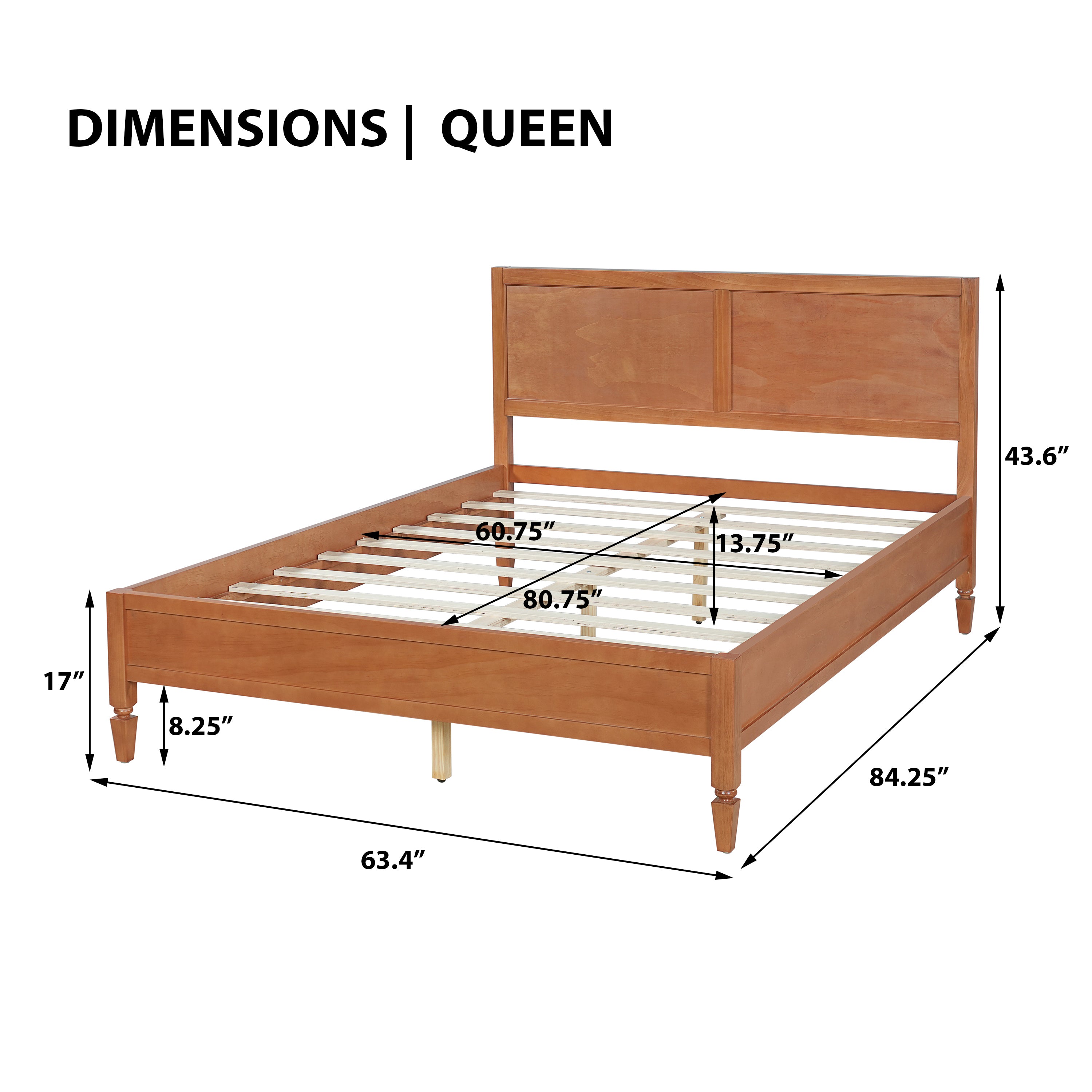 Dimension diagram of the queen wood platform bed: 84.25 in long, 63.4 in wide, 43.6 in headboard height