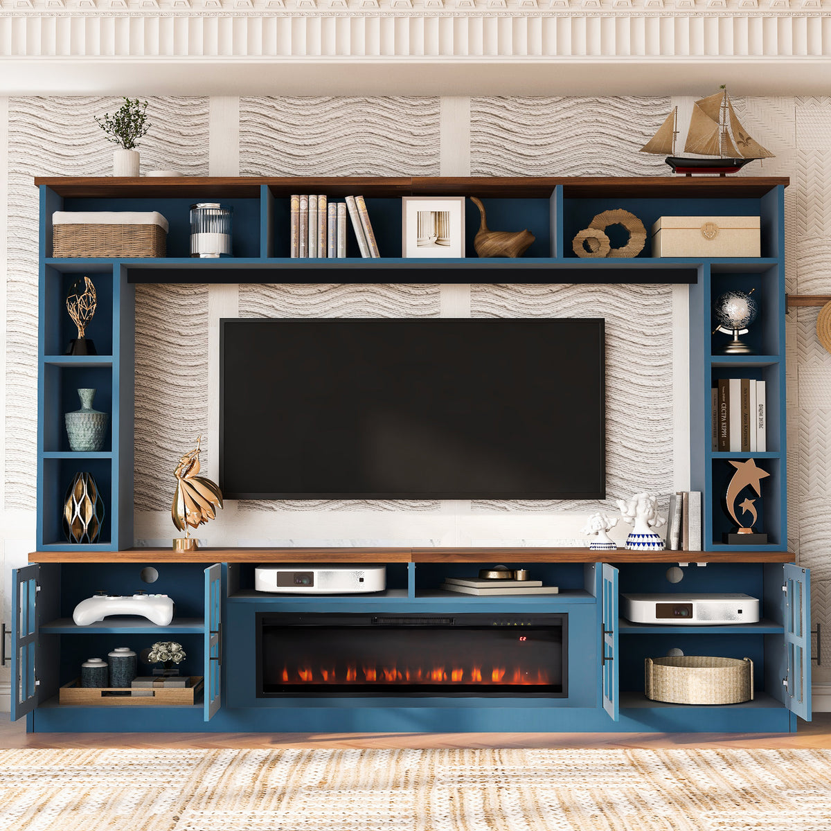 Navy Blue Fireplace TV Stand for TVs up to 80 in, 95.5 in Wide