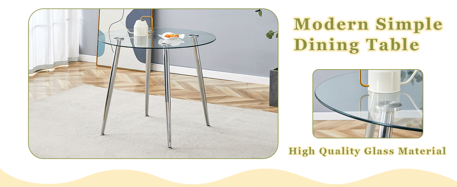 Styled round glass dining table with a highlighted close-up of the glass tabletop edge
