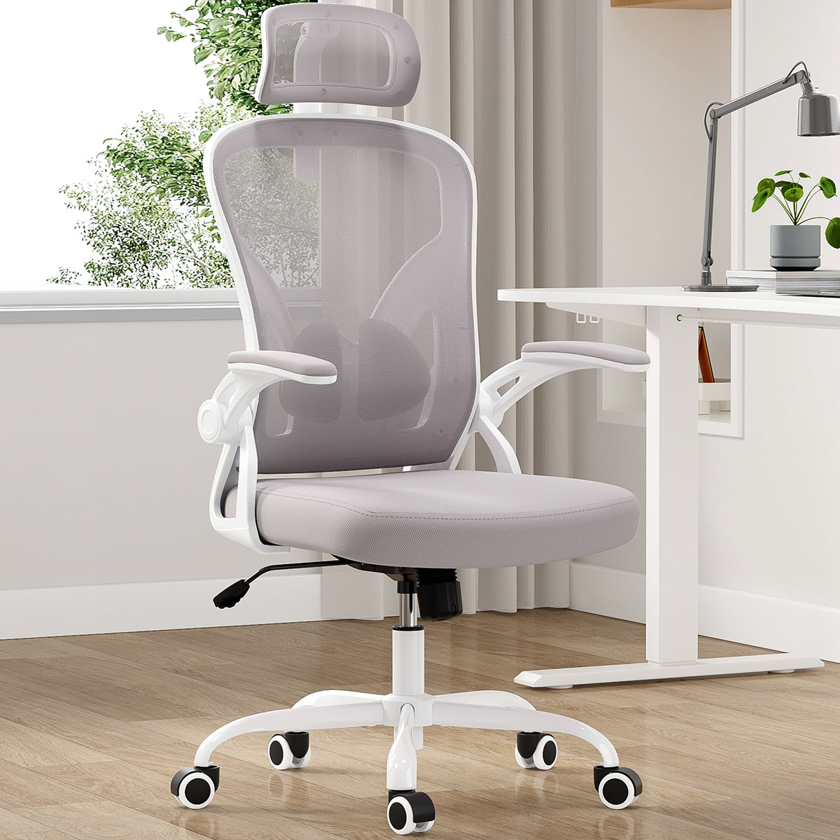 Lumbar Support Ergonomic Office Chair, 23.4 in, Grey, 56.69 in Tall