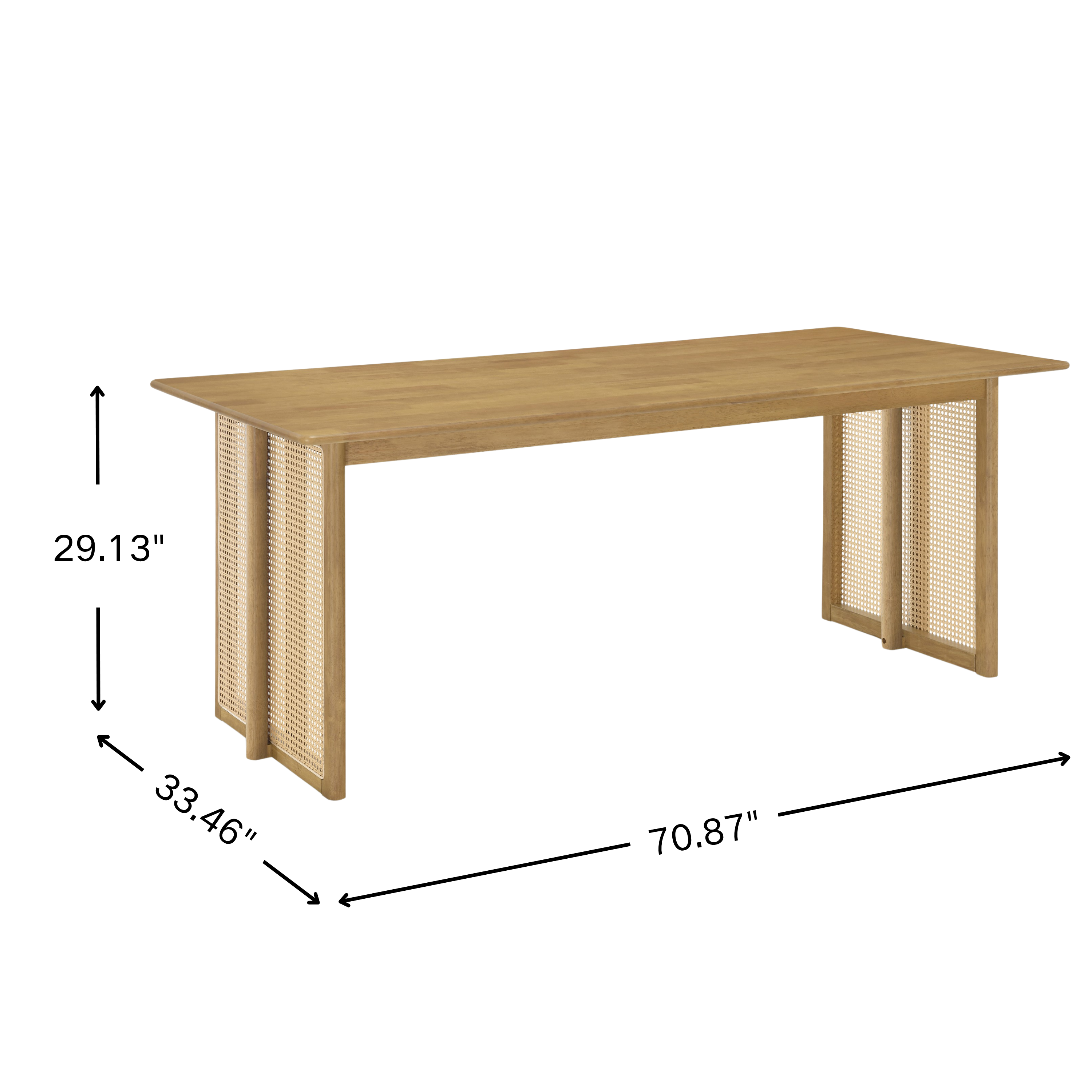 Dimension diagram of the rubberwood dining table showing 70.87 in width, 33.46 in depth, 29.13 in height