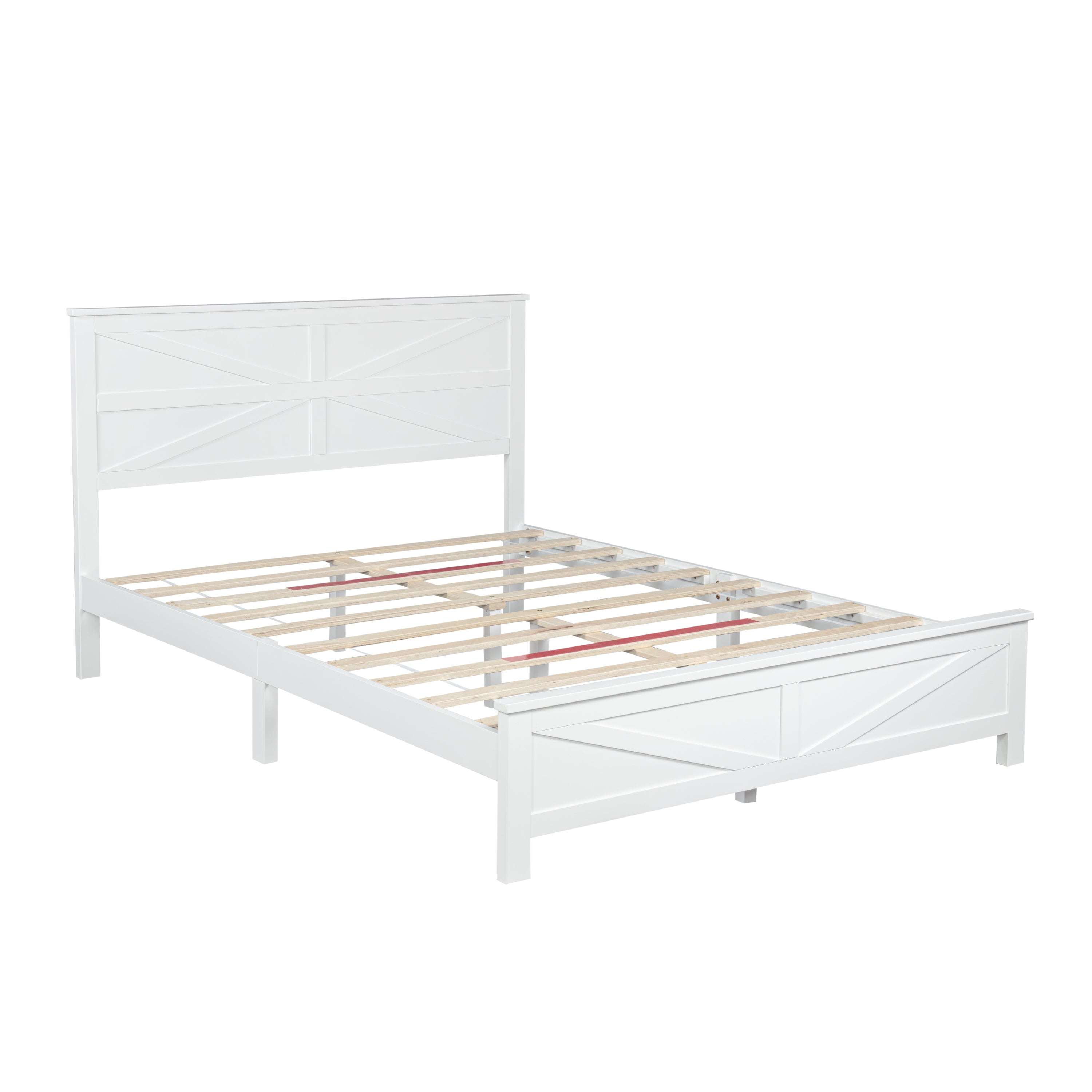 Studio angled bare white bed frame showing the barn door headboard, footboard and full wood slat platform