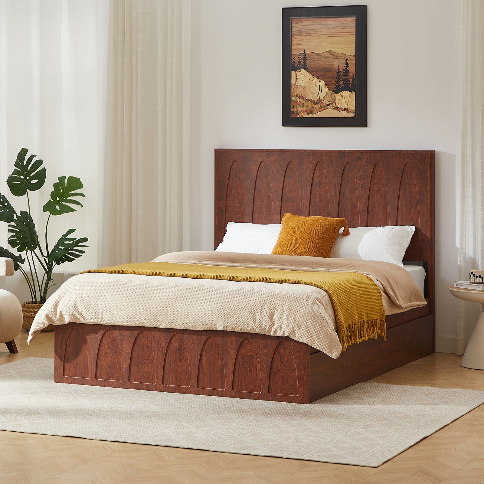 Angled view of dark reddish-brown burl wood queen bed, drawers closed, white and mustard bedding, potted plant #Color_Natural