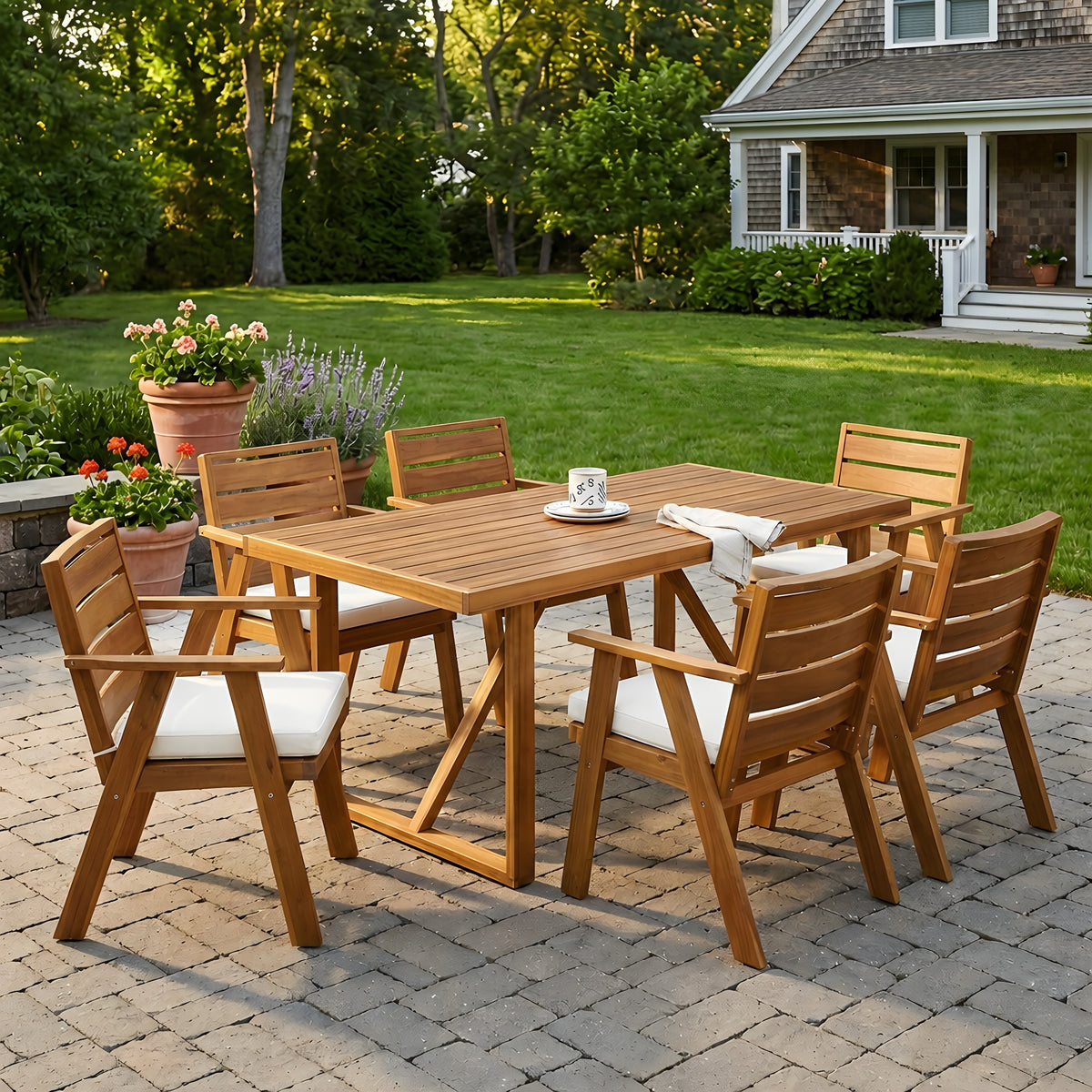 Teak Finish Solid Wood 7-Piece Patio Dining Set for 6 with Beige Cushions