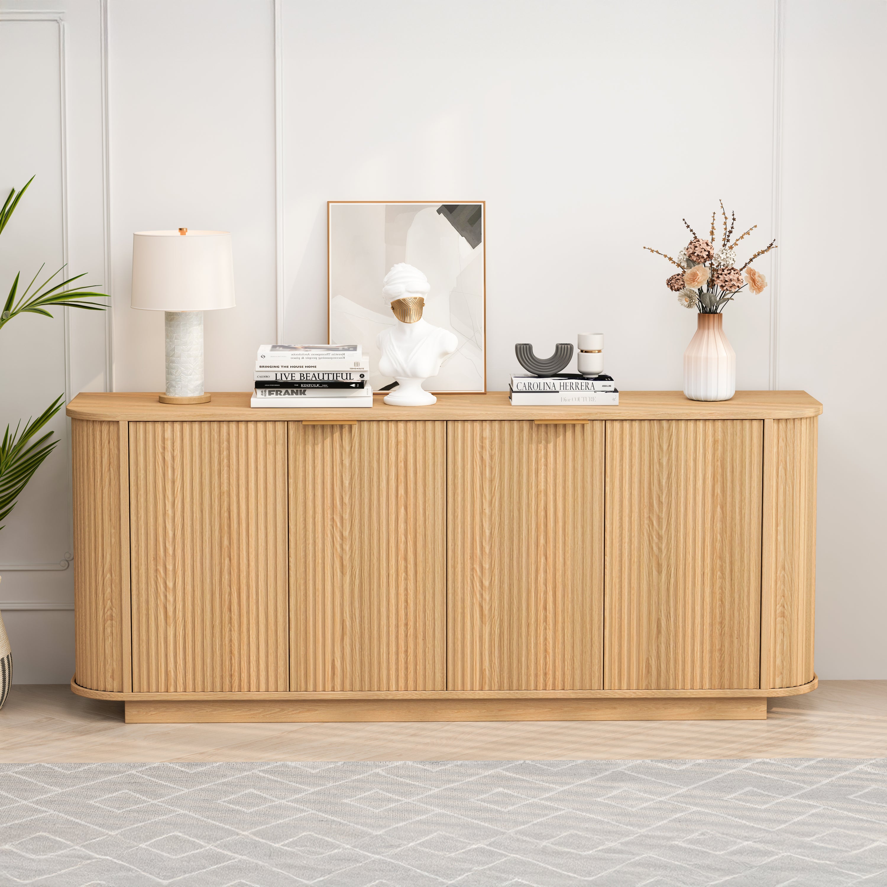 Fluted Natural Sideboard Buffet, 63'' 4-Door Curved Cabinet