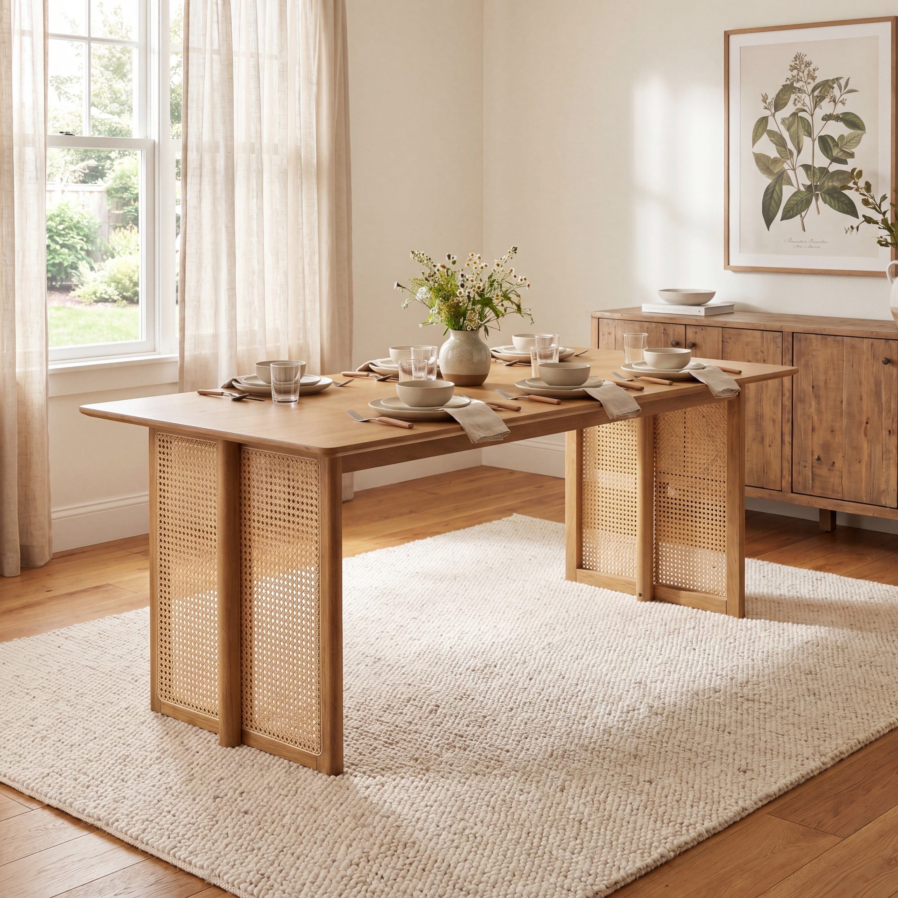 Overhead angled view of the natural rubberwood dining table set for four in a sunlit dining room