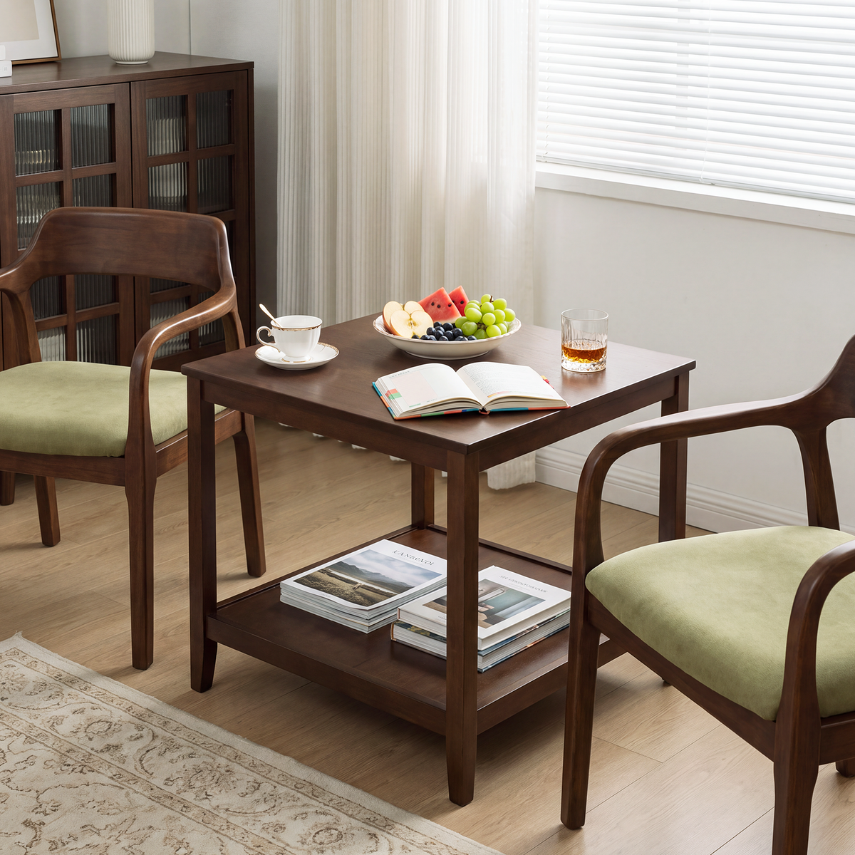 Walnut Solid Wood Square Side Table with Storage, 23.6 in
