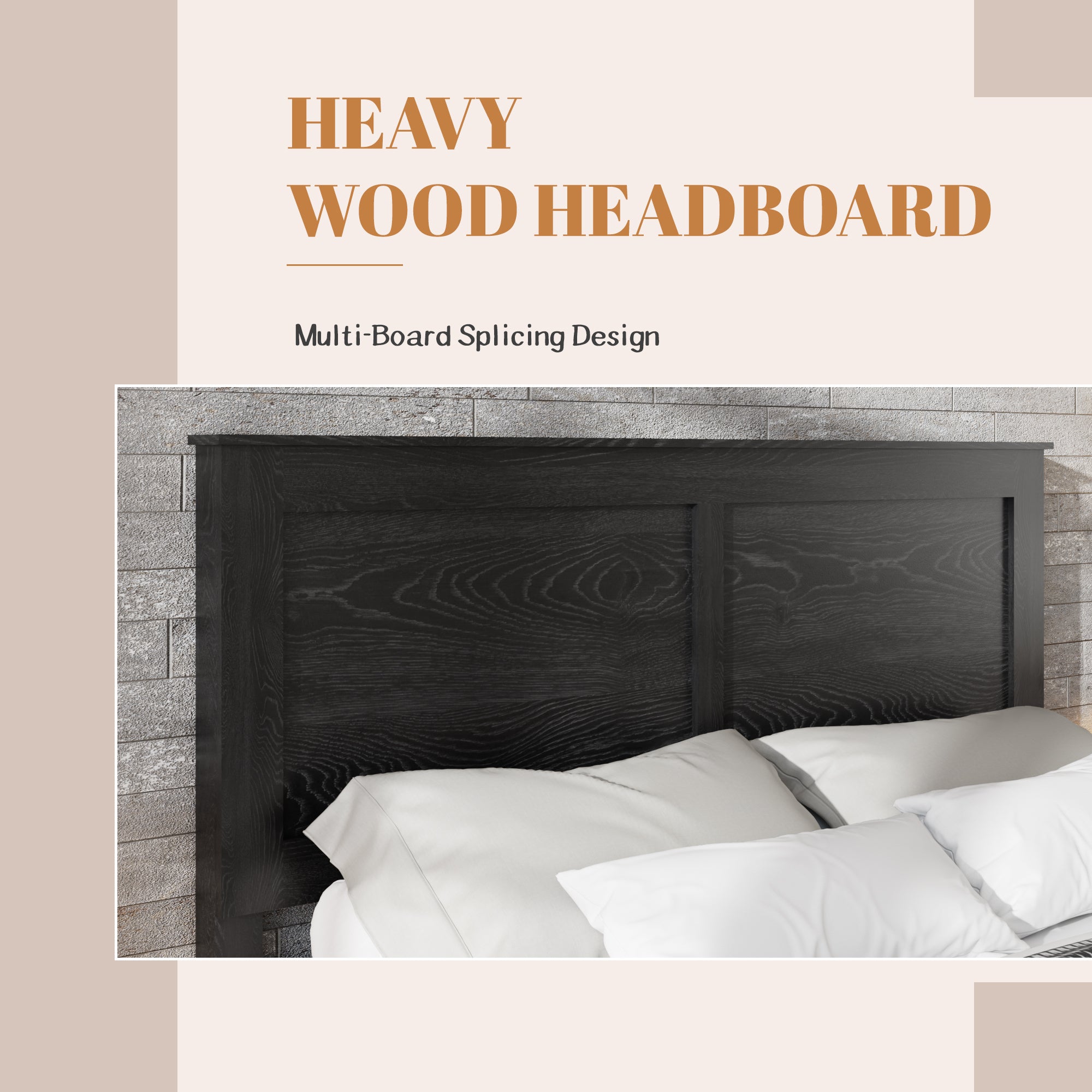Close-up of the black MDF panel headboard with framed splicing on the queen metal bed frame