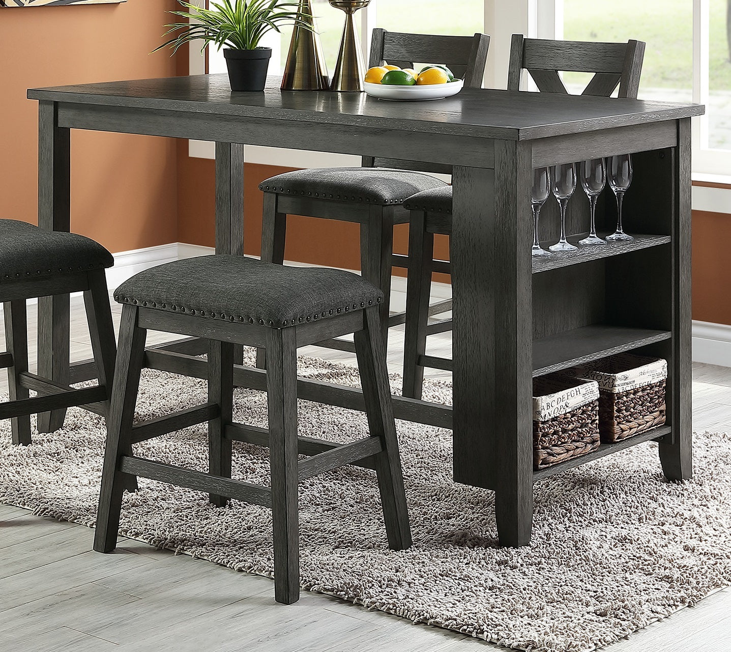 Counter Height Dining Table with Storage Shelves, Gray Wood, 60 Inch
