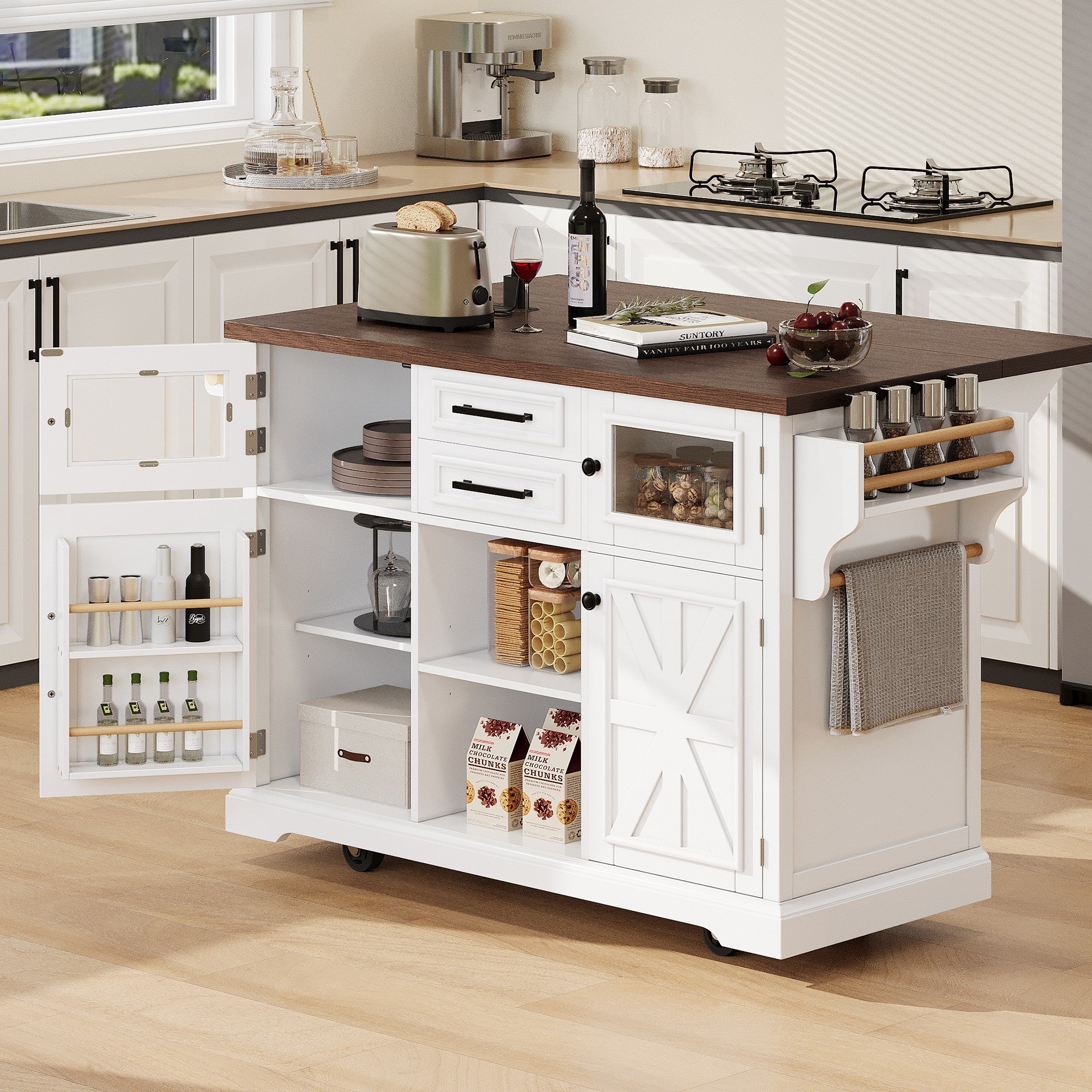 Kitchen Island with Glass Barn Door, White, Drop-Leaf 4-Door