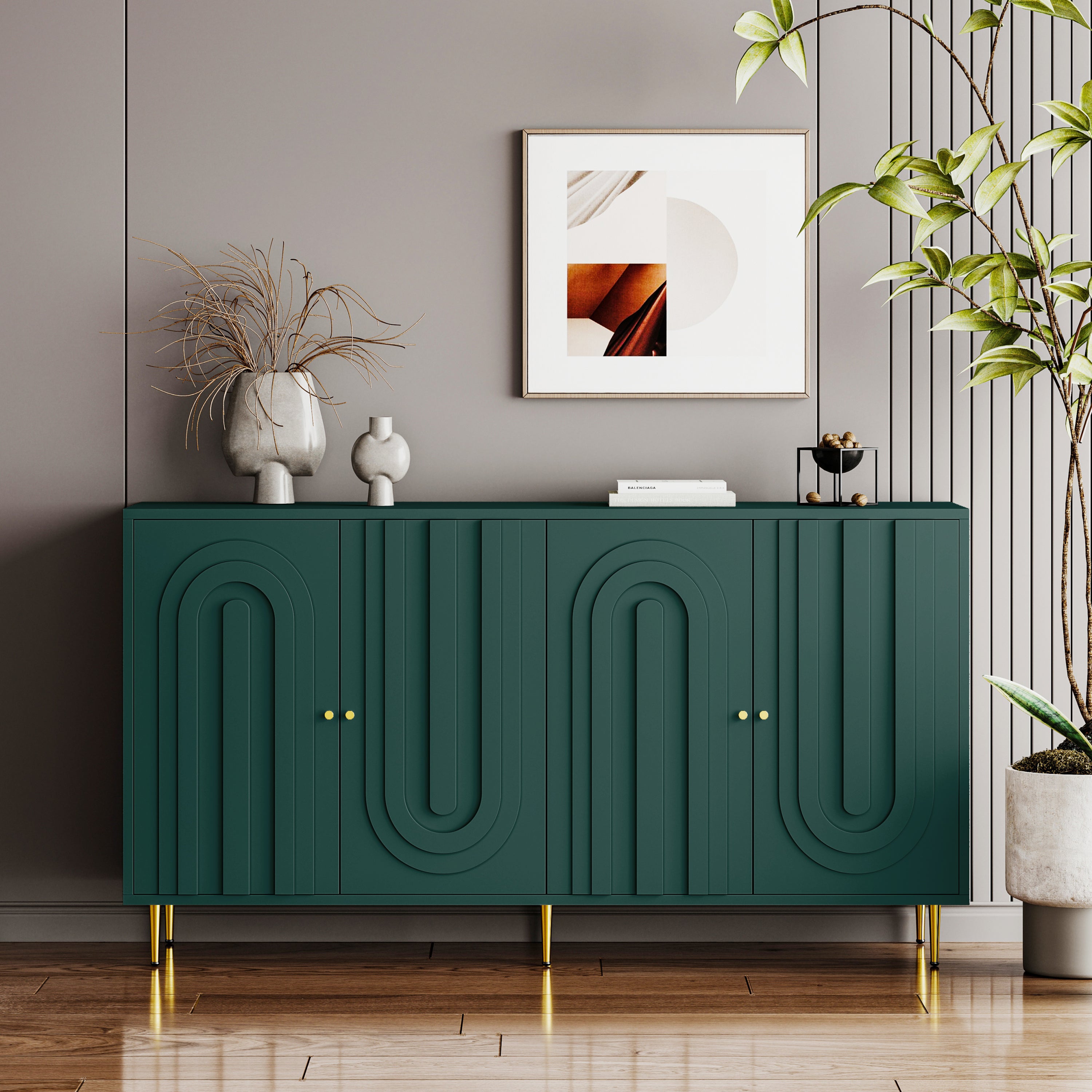 Green Modern Sideboard, 60 in, Arched 4-Door with Gold Legs