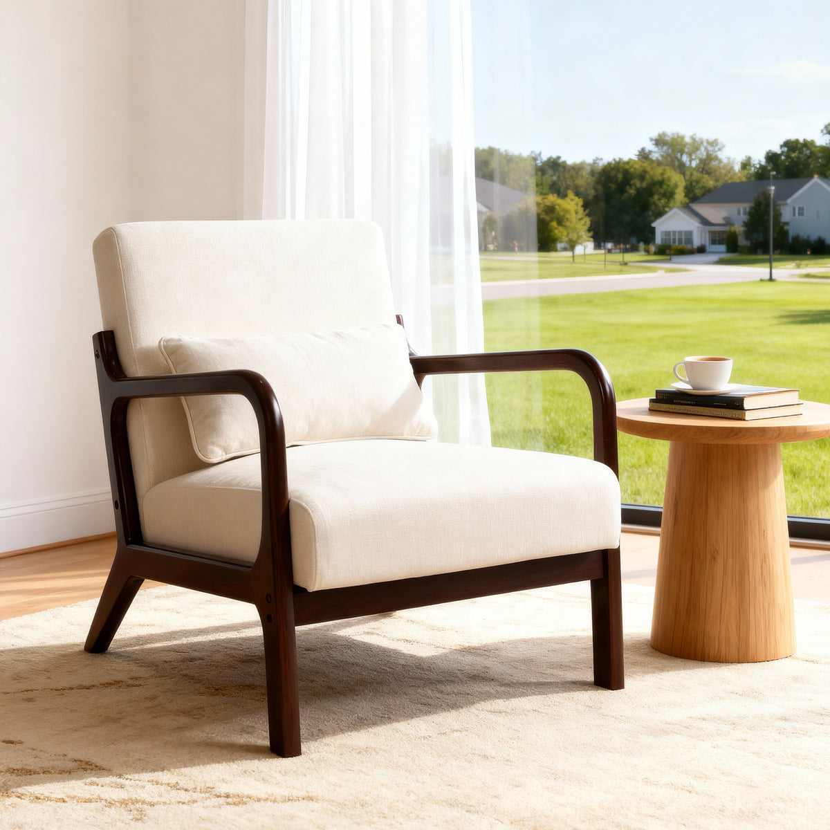 Beige Linen Accent Chair, Lumbar Pillow