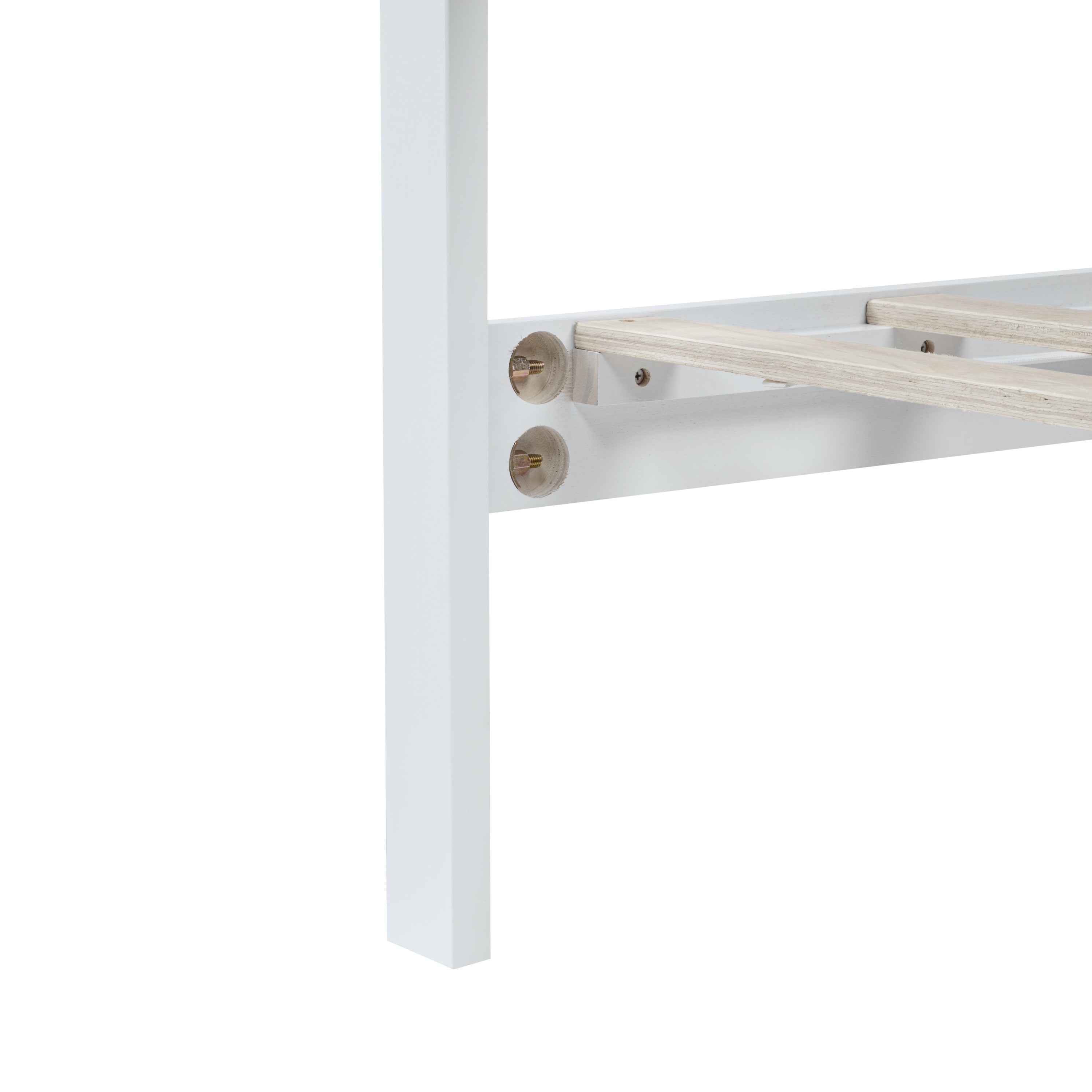Close-up of a white leg post and bolt hardware joining a wood slat on a queen bed #Color_White