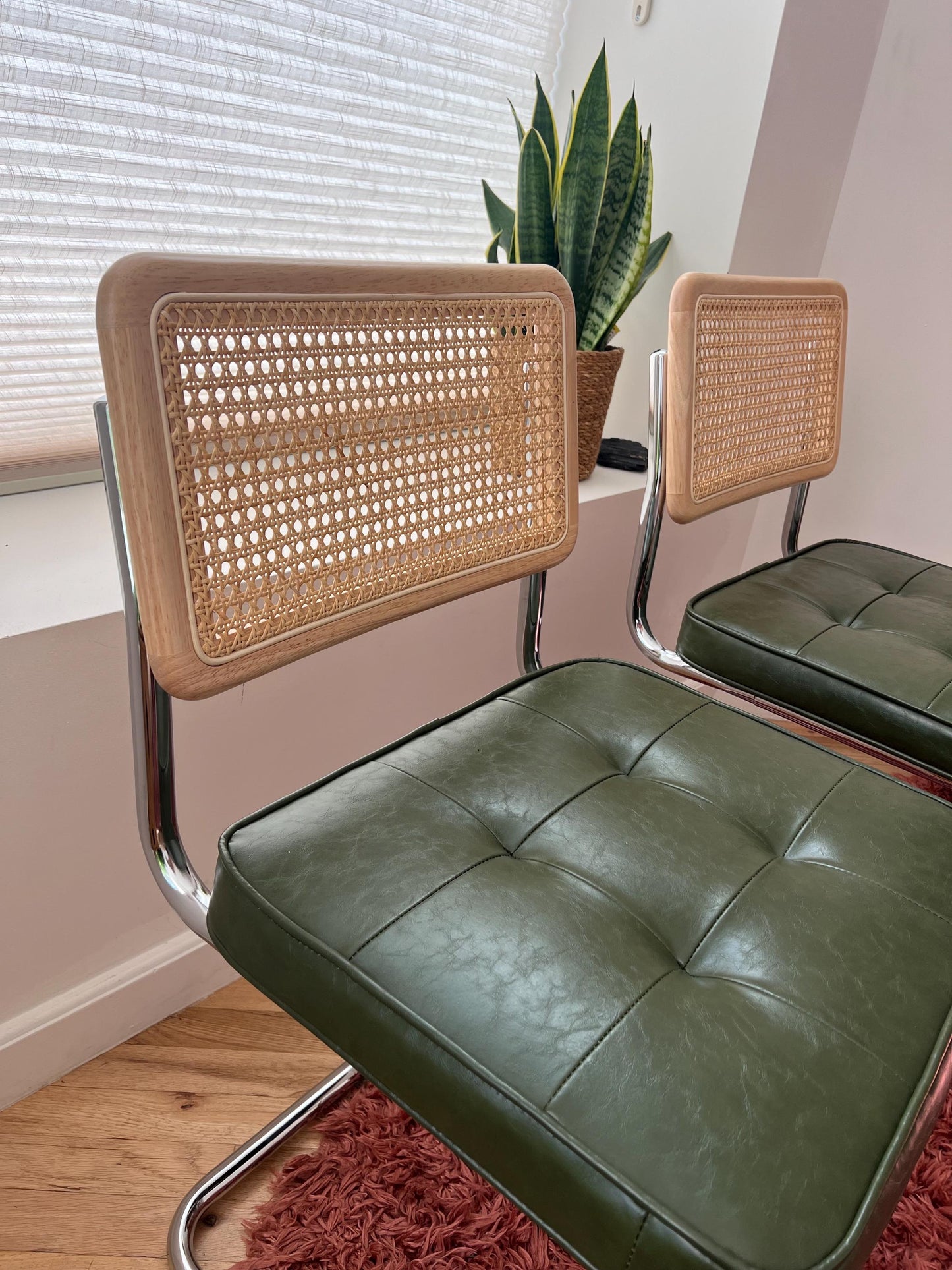 Midcentury Modern Dining Chair Set of 2 - Green Vegan Leather with Rattan Accents