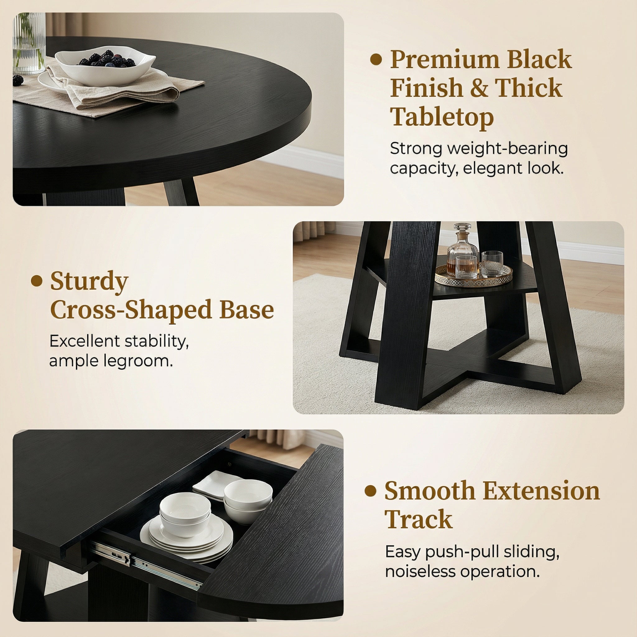 Feature graphic with close-ups of the black thick tabletop, cross base and extension track