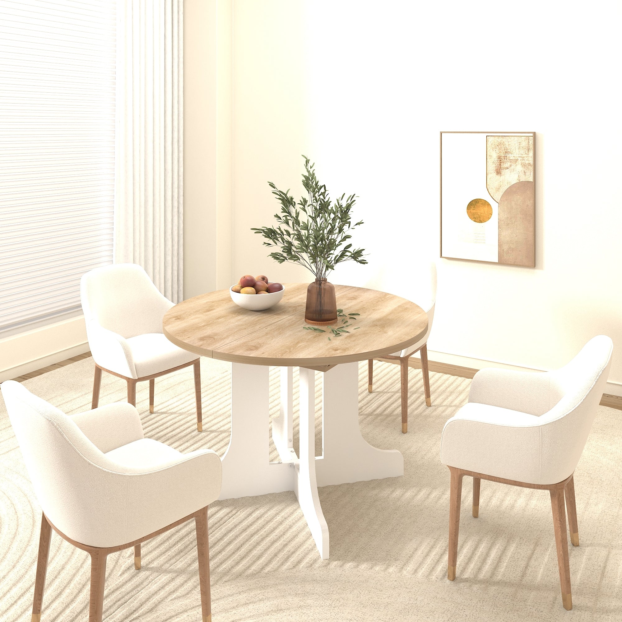 Round oak-top dining table with white base and four cream armchairs in a bright corner