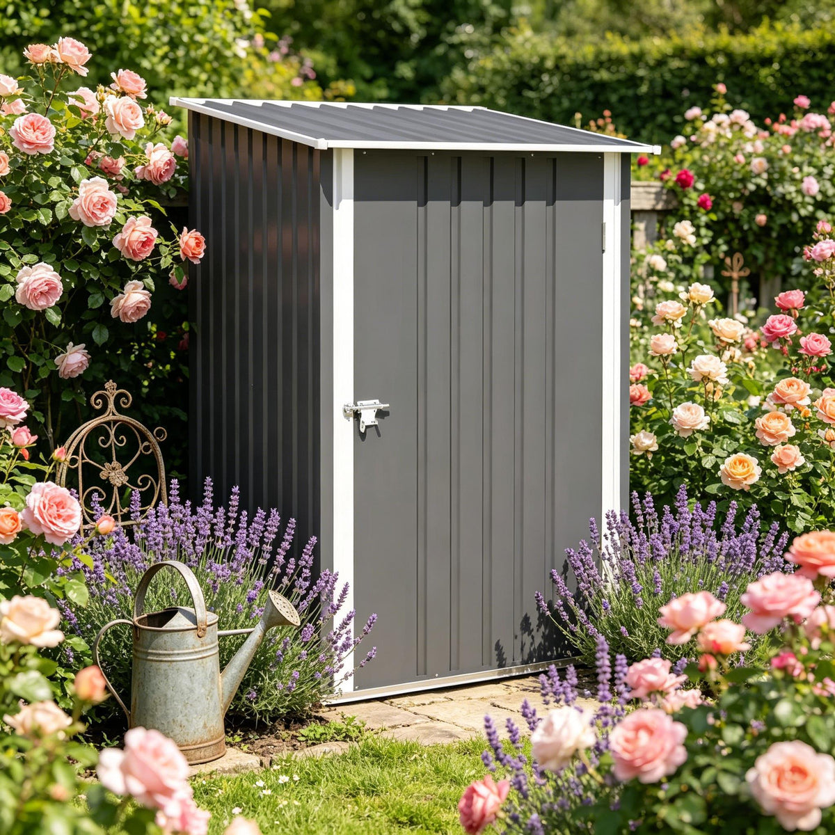 Gray Metal Storage Shed with Lockable Doors