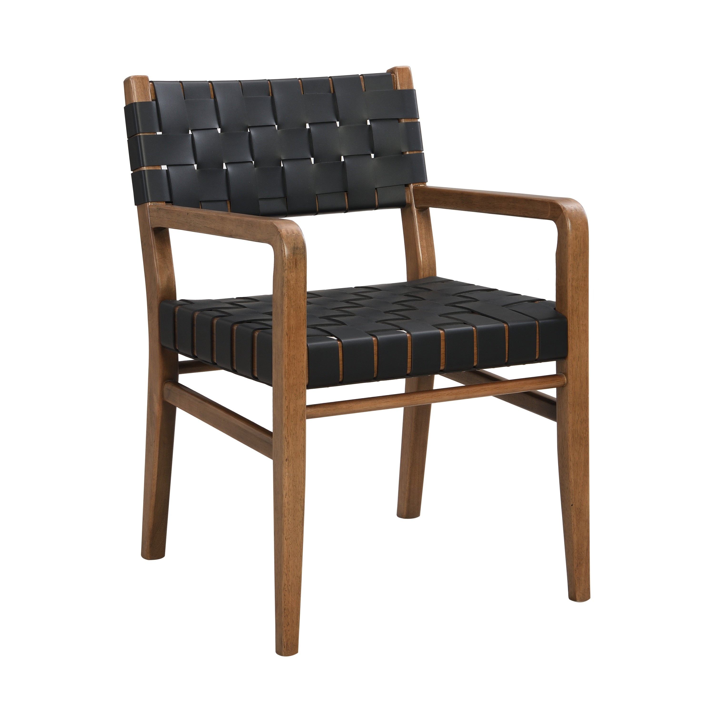 Woven Vegan Leather Dining Armchairs Set of 2, Black, Wood Frame