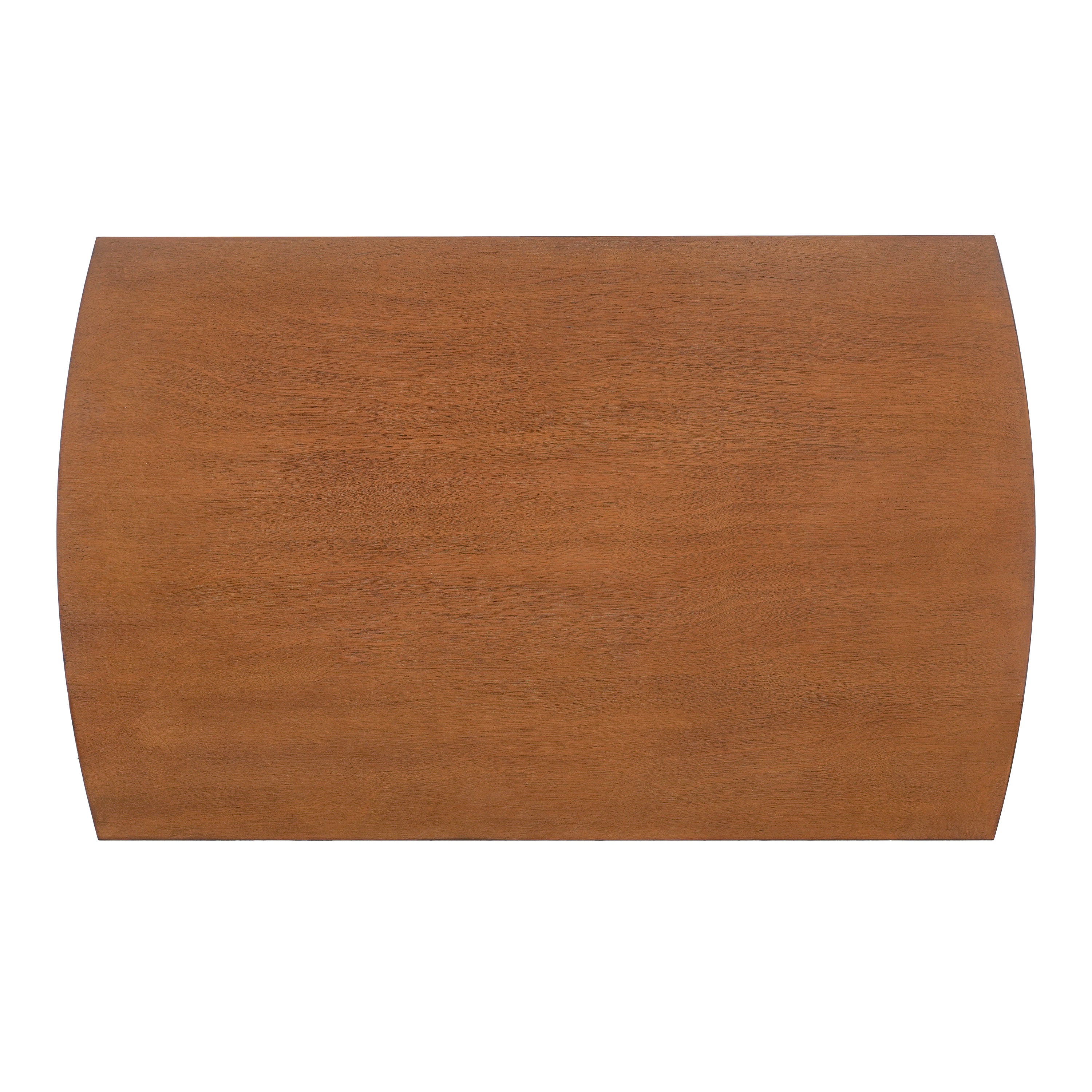 Overhead view of the brown barrel-shaped tabletop with curved long sides