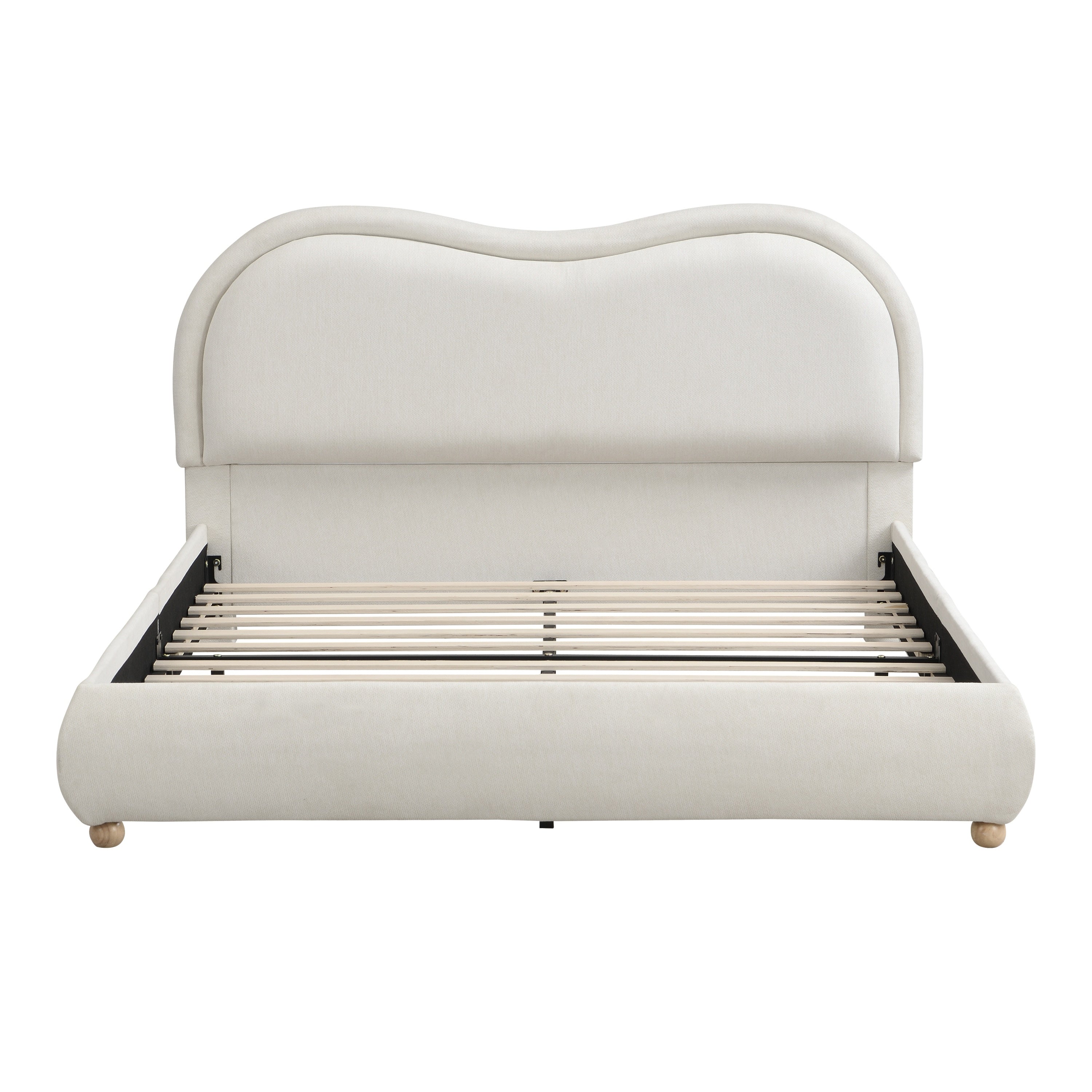 Front view of beige chenille queen platform bed frame with wavy headboard and wood slats, white background #Color_Beige