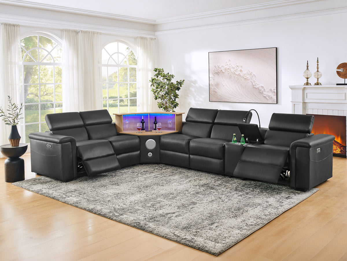 Black Vegan Leather Power L-Shaped Reclining Sectional, 130 in Wide