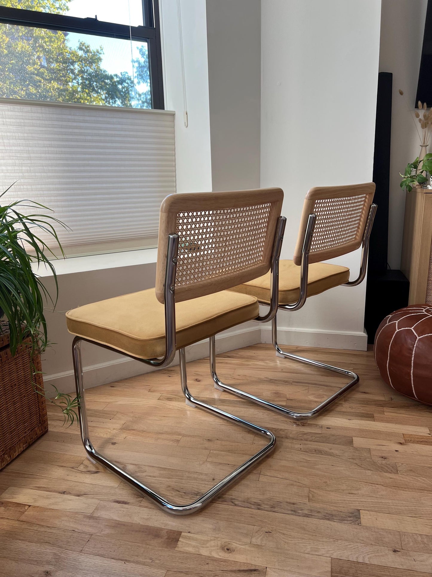 Midcentury Modern Dining Chair Set of 2 - Yellow Velvet with Rattan Accents