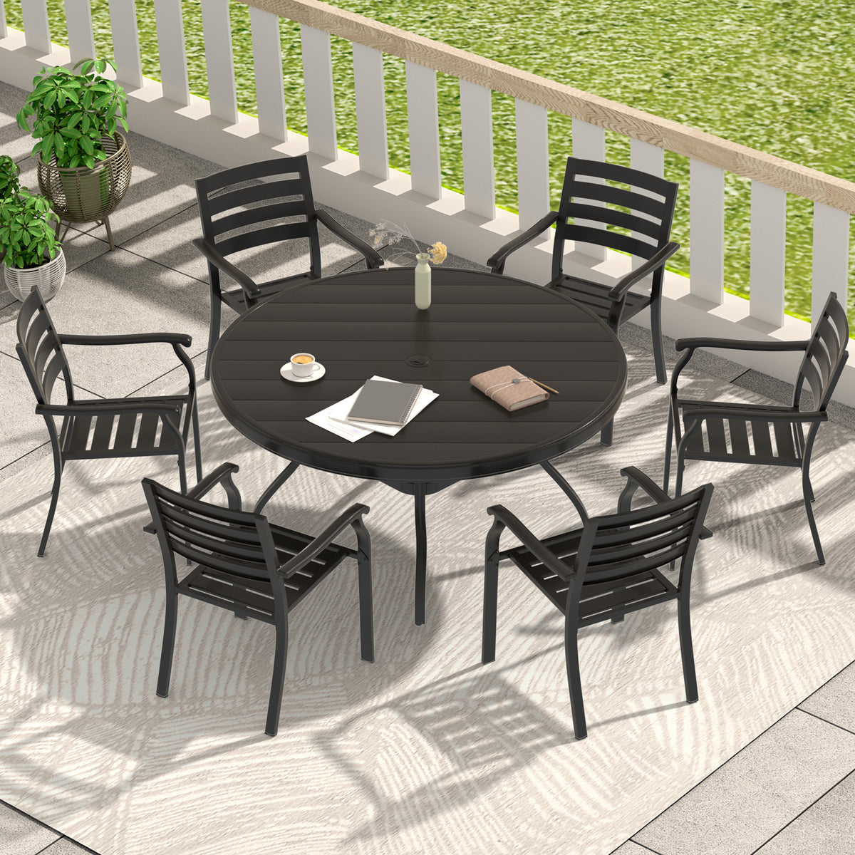 Black Metal 7-Piece Patio Dining Set for 6 with Stackable Chairs