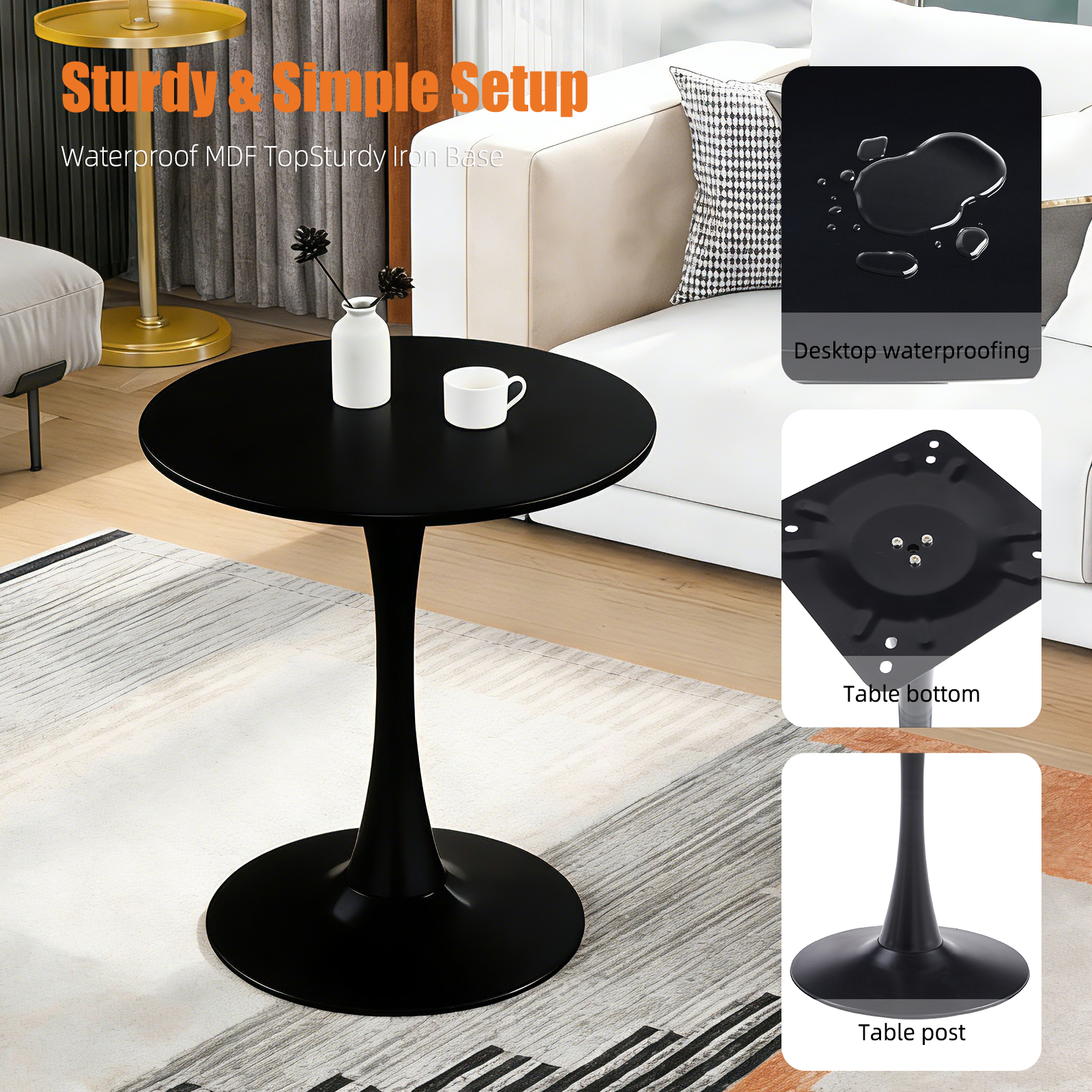 Feature graphic showing the black bistro table waterproof MDF top and sturdy iron base