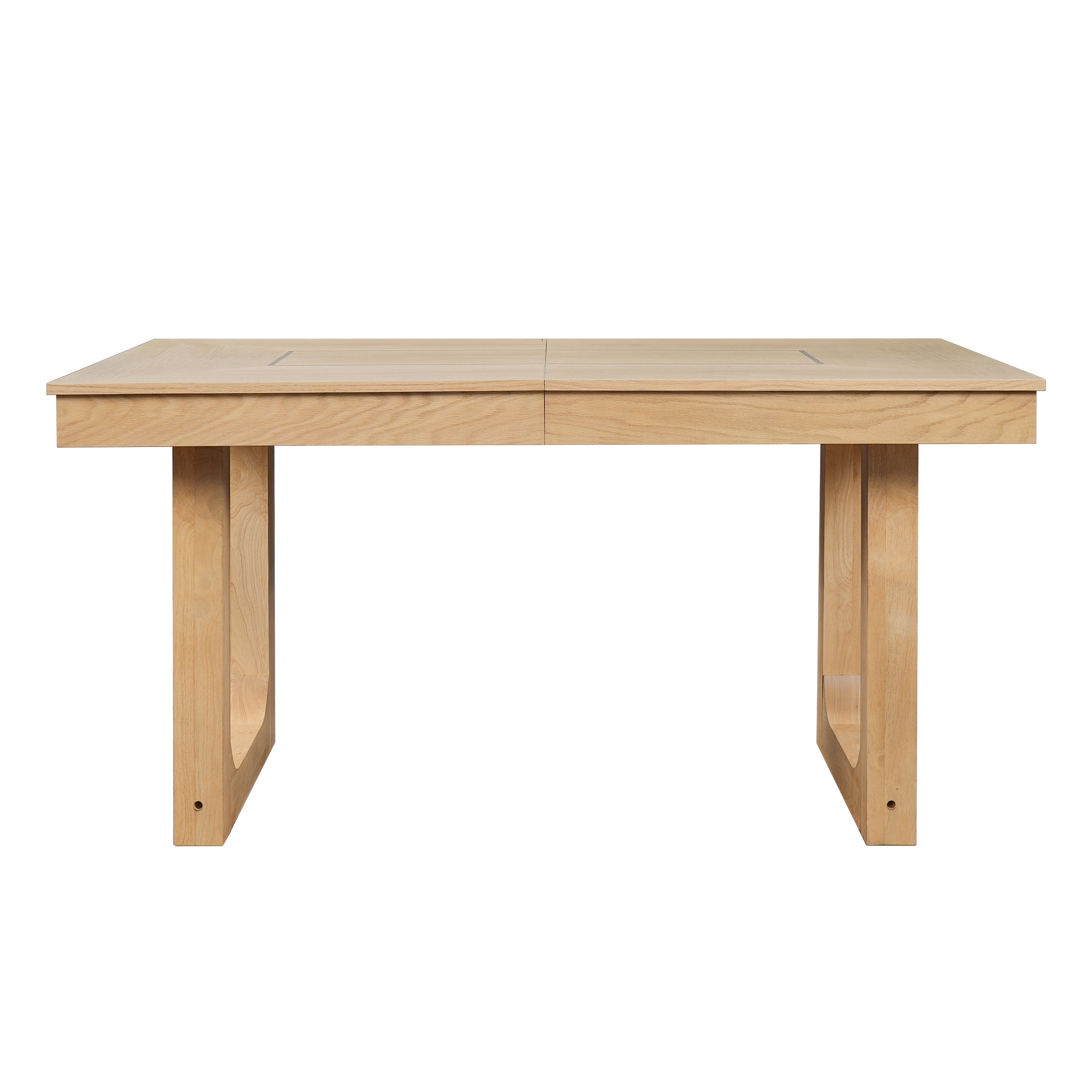 Front view of the natural oak farmhouse extendable dining table on a plain white studio background