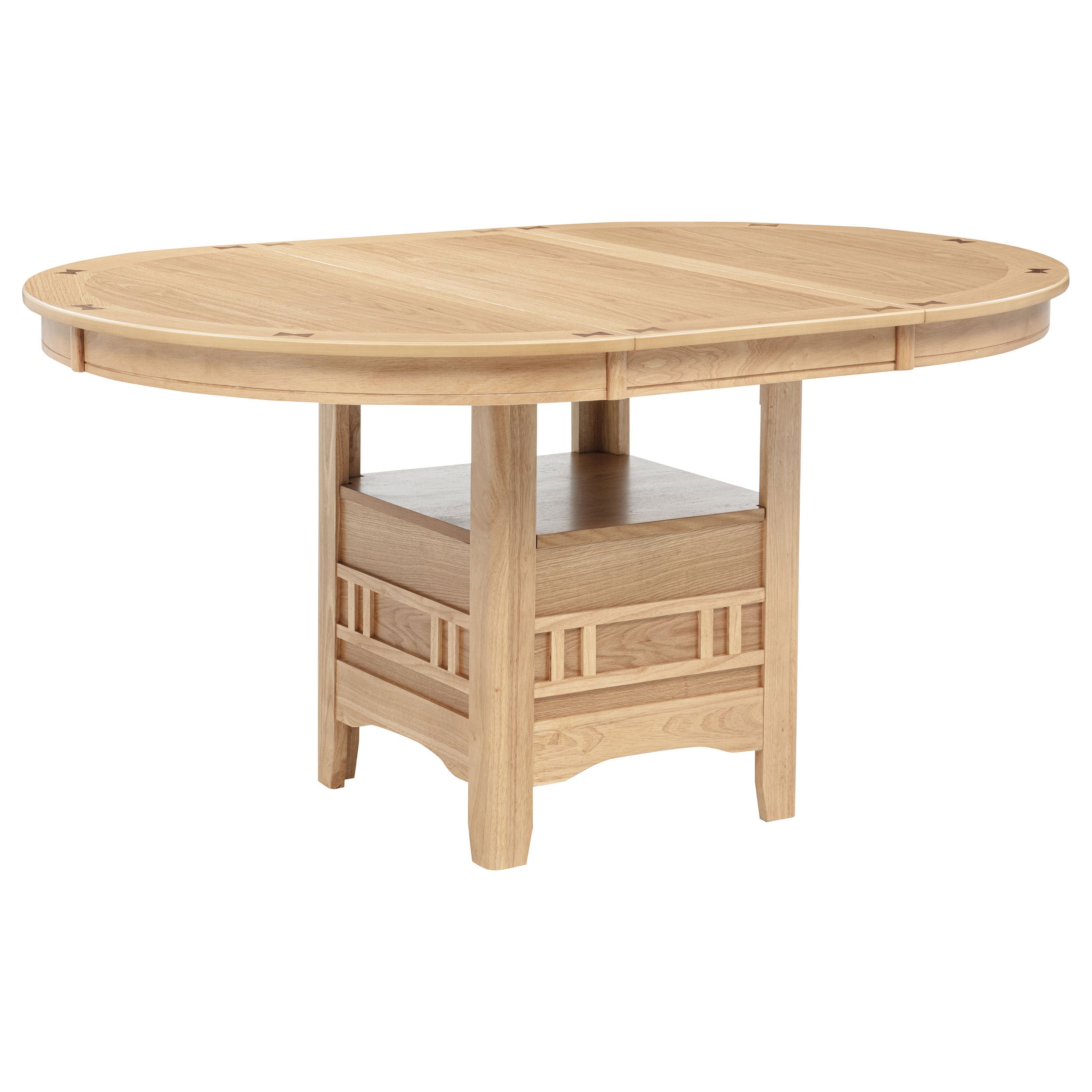 Light oak oval dining table, three-quarter view showing the inlaid top, white studio