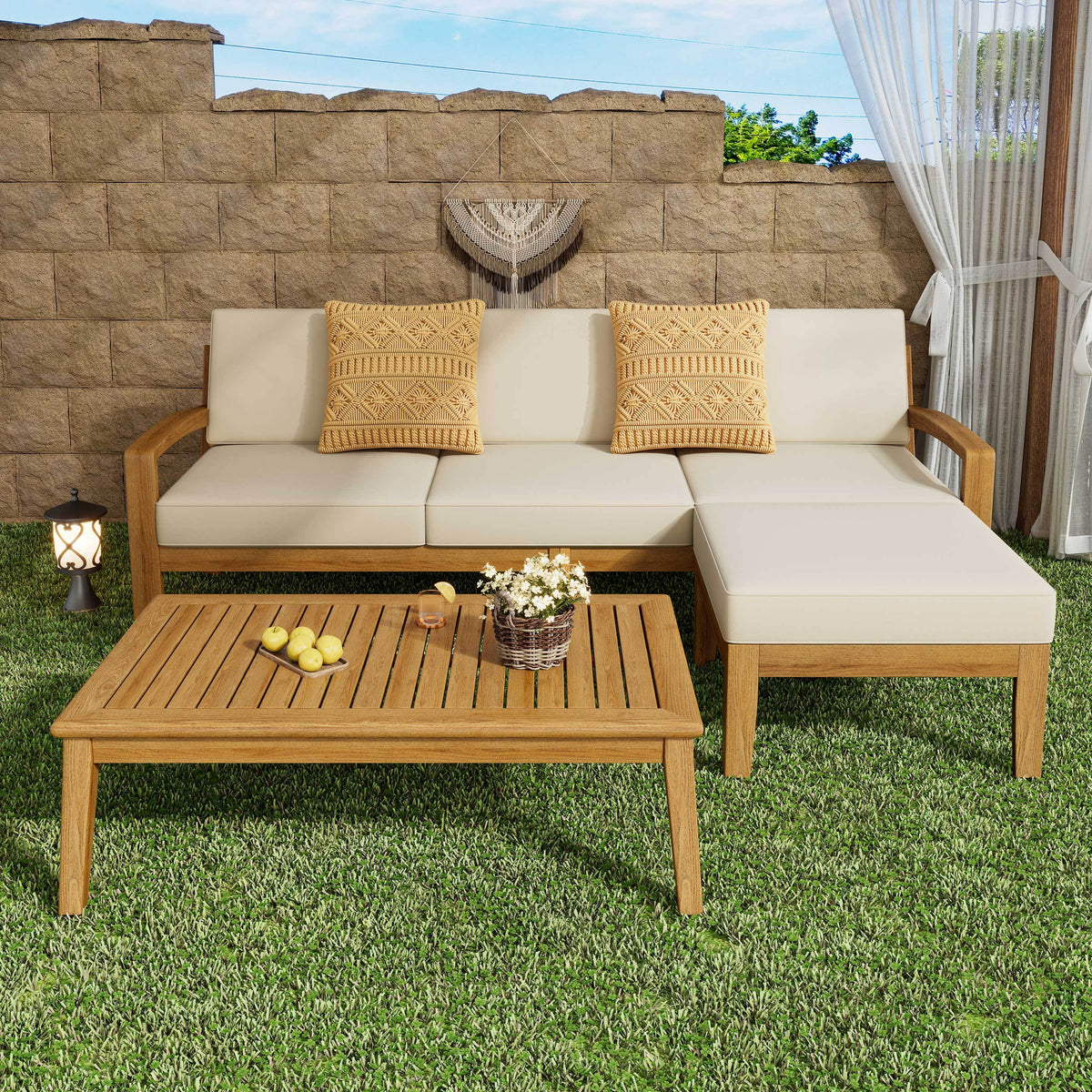Teak Finish Solid Wood Outdoor Sectional Set for 3