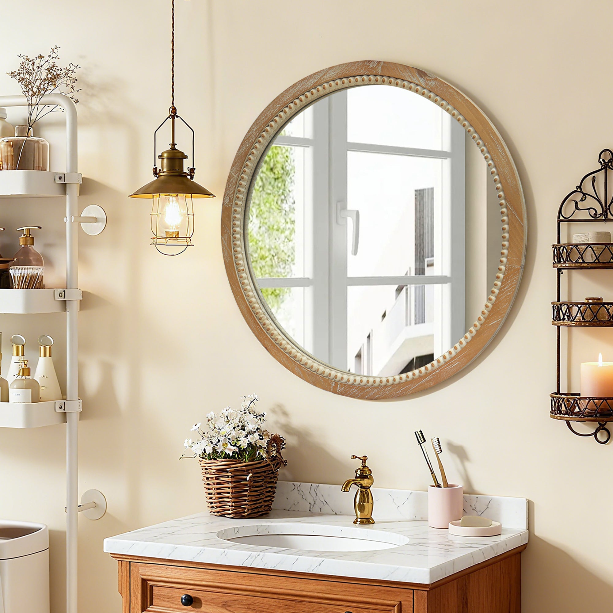 Distressed Wood Beaded Mirror, 23.62 in Round, Natural