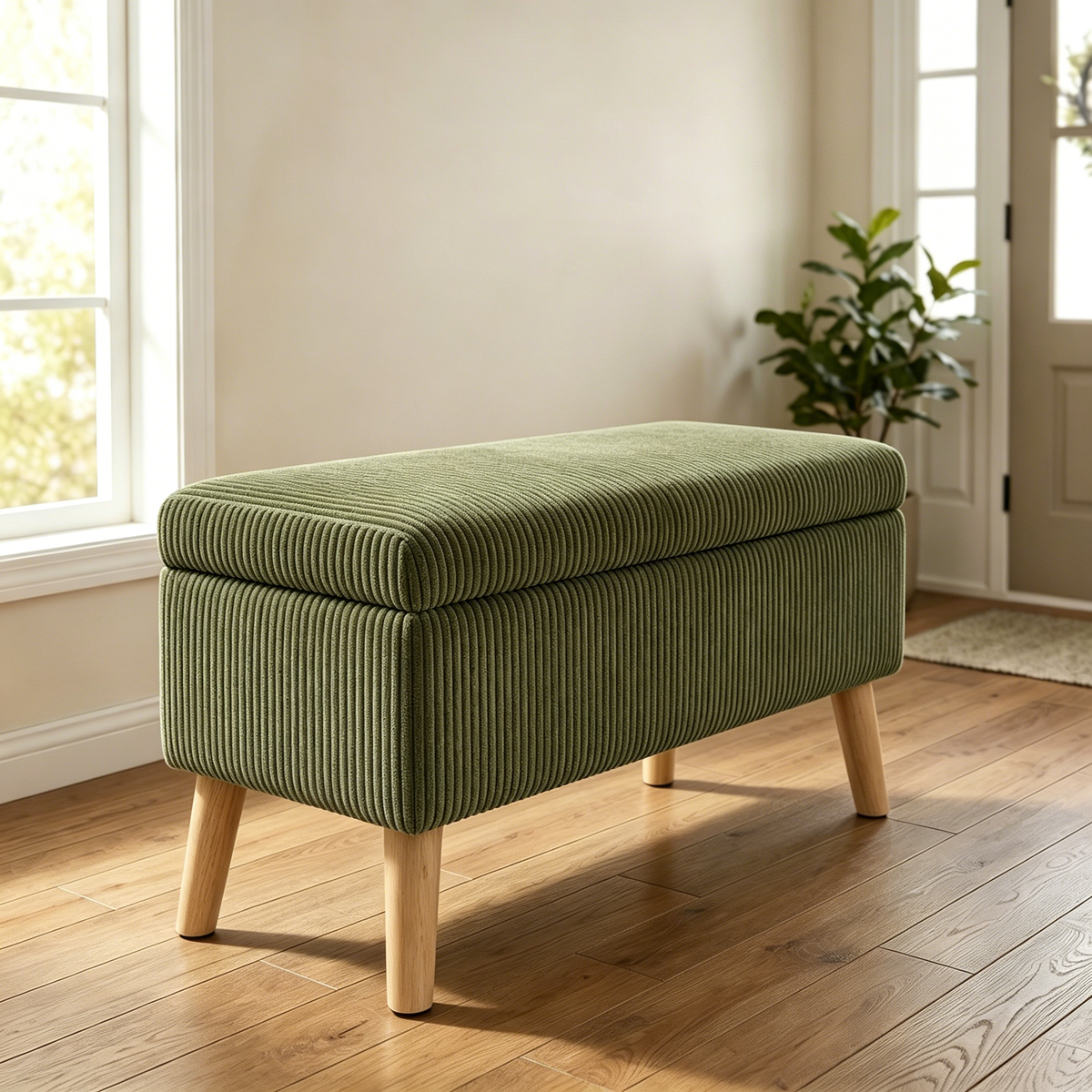 Green Corduroy Storage Ottoman Bench, 32 in
