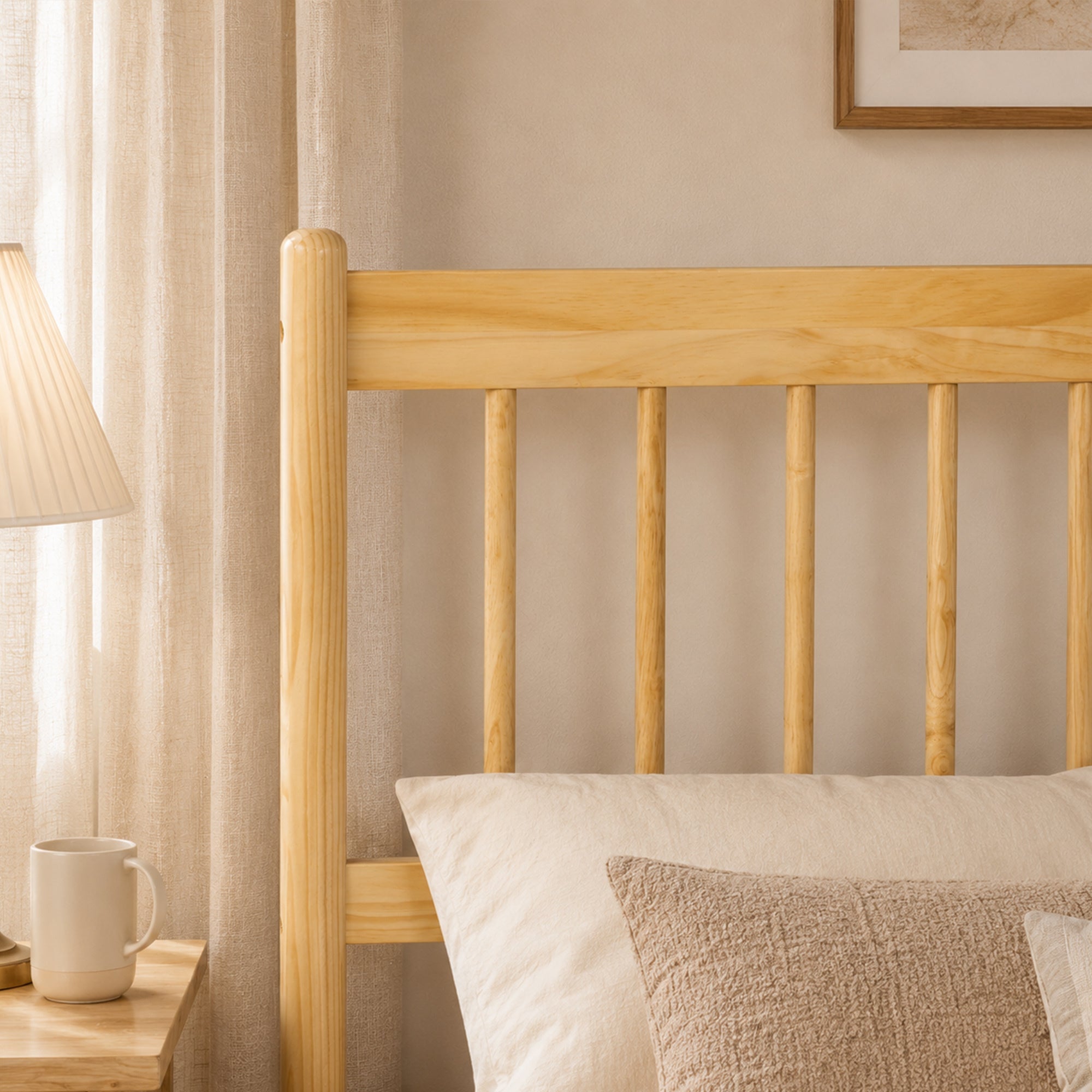 Close-up of the natural pine headboard with rounded corner post and spindles in a styled bedroom #Color_Natural