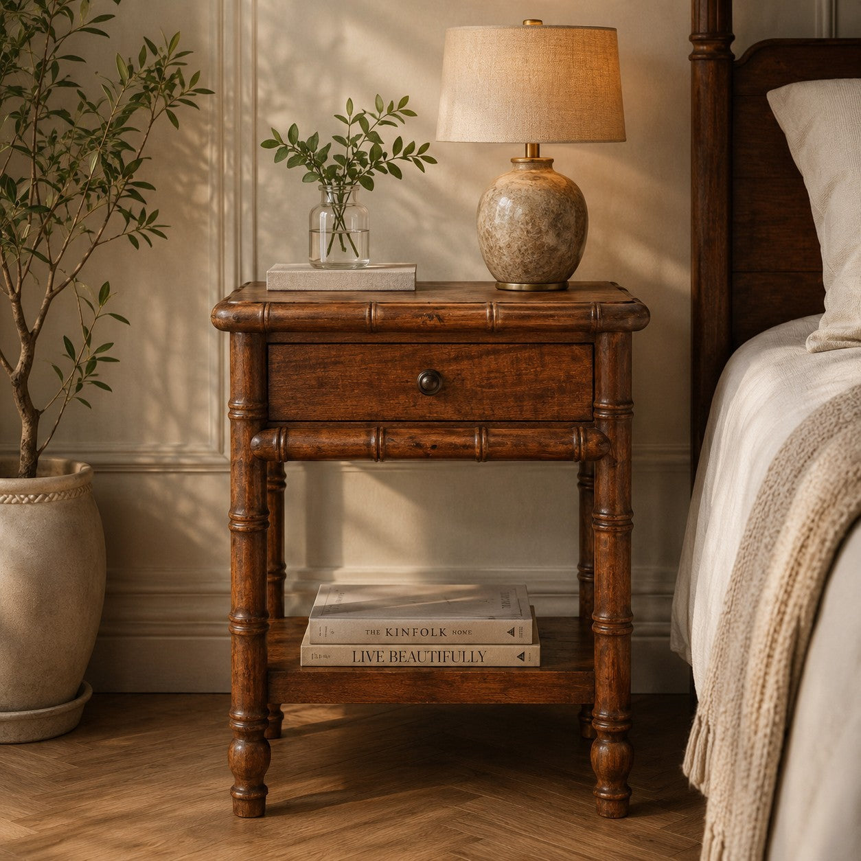 1-Drawer Wood Nightstand, Brown Freestanding Bedside Table