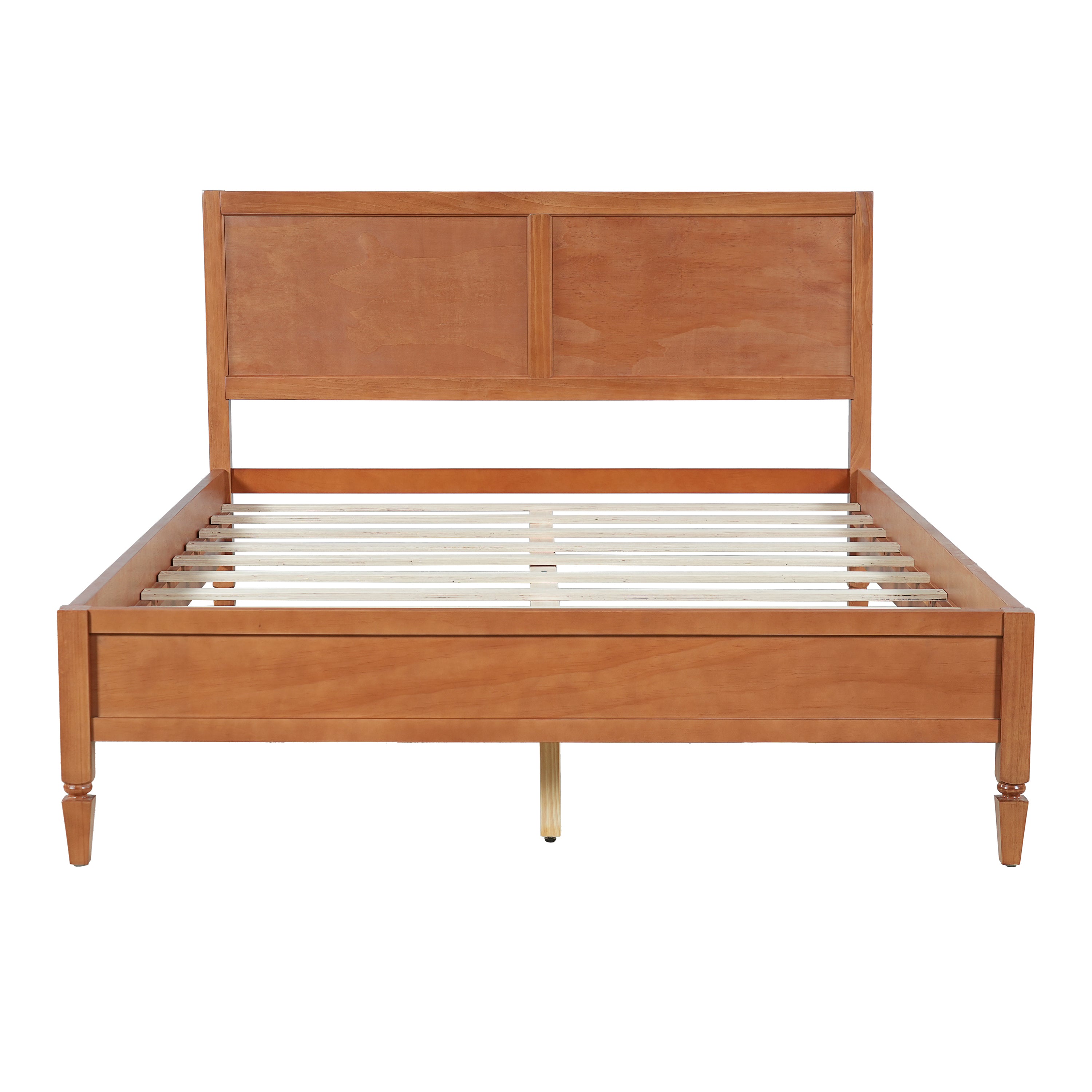 Studio front view of a brown wood platform bed frame with a two-panel headboard, turned legs and exposed slats