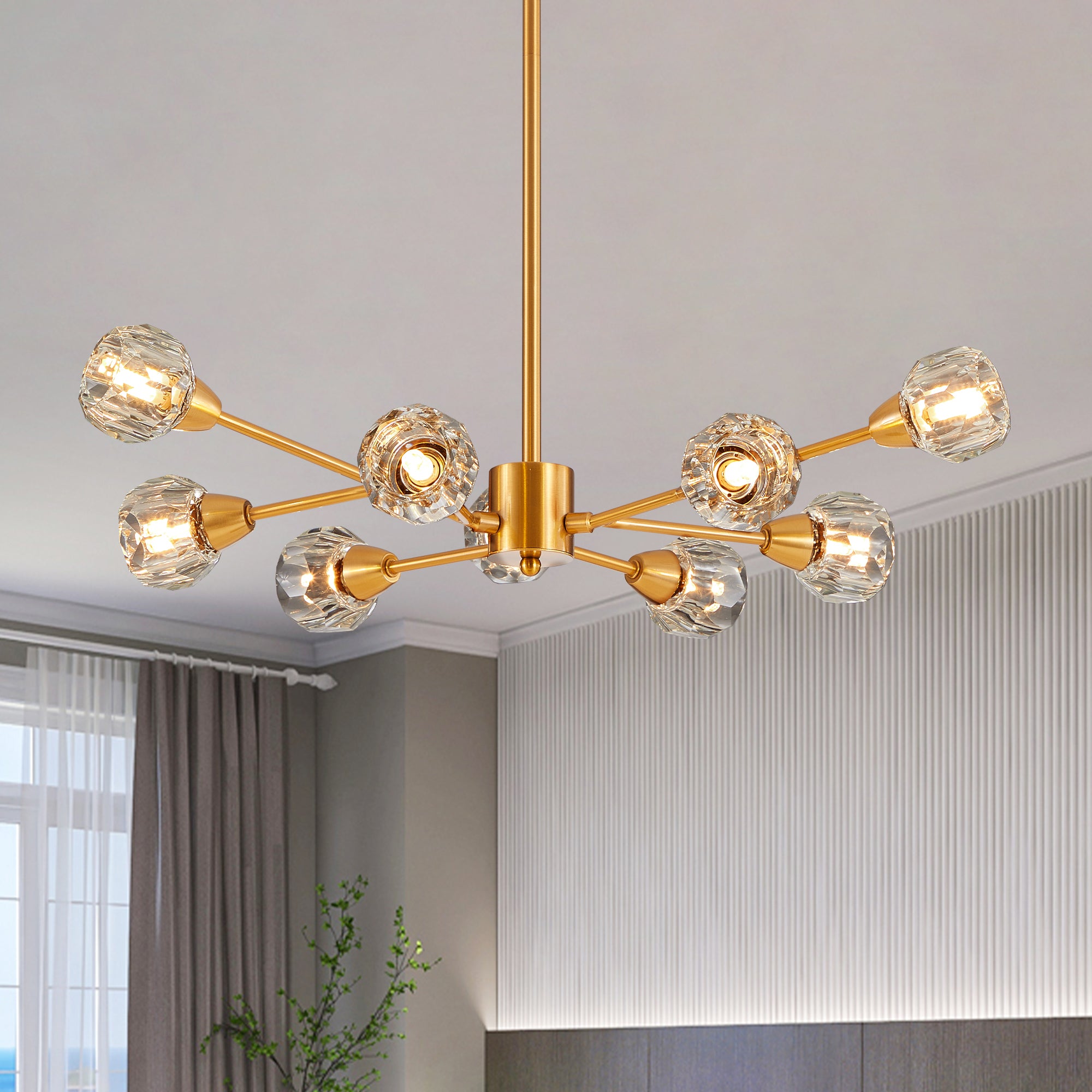 Chandelier, 9-Light Crystal Shade, Iron Frame, Golden