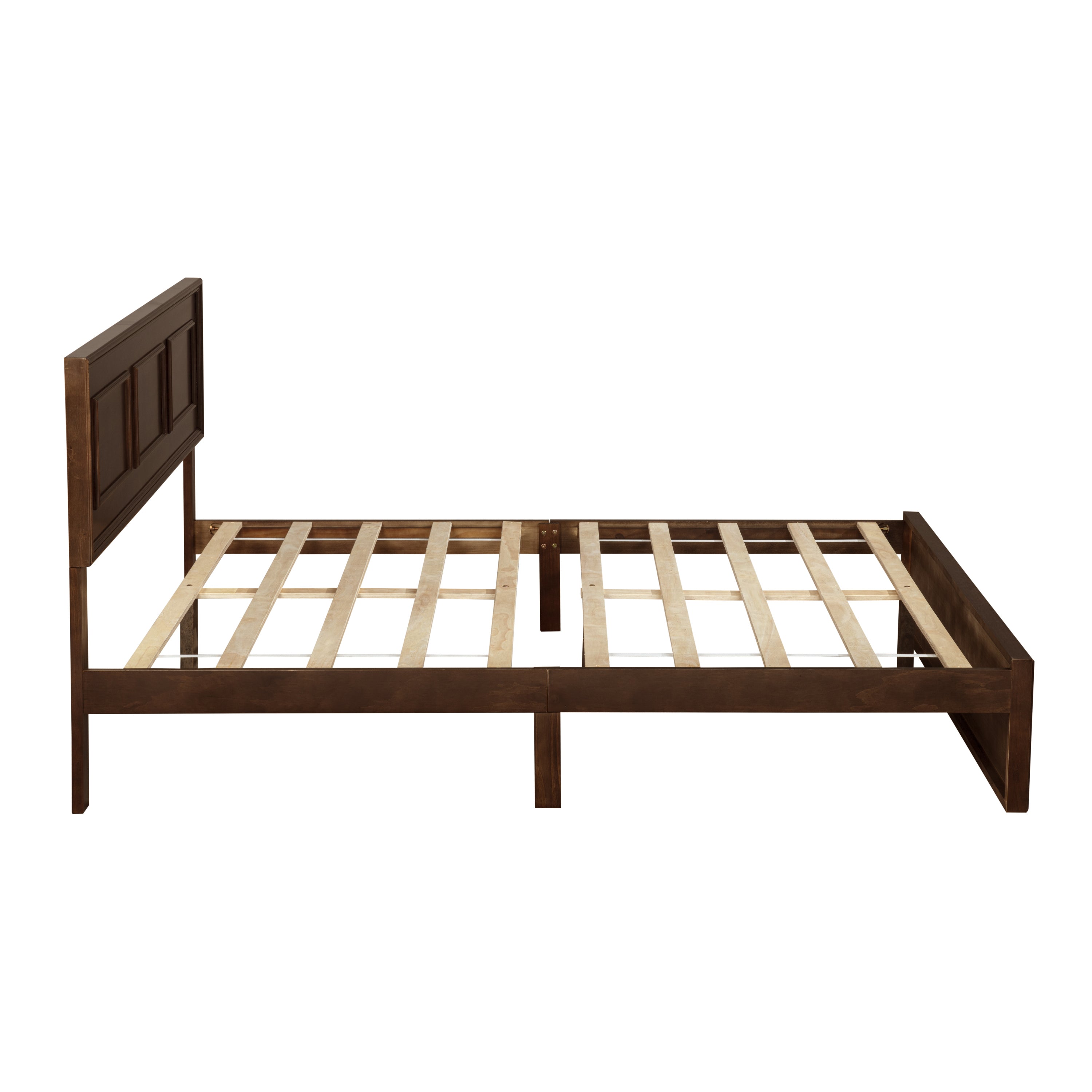 Side profile of rich brown queen bed frame with headboard and exposed wood slats #Color_Rich Brown